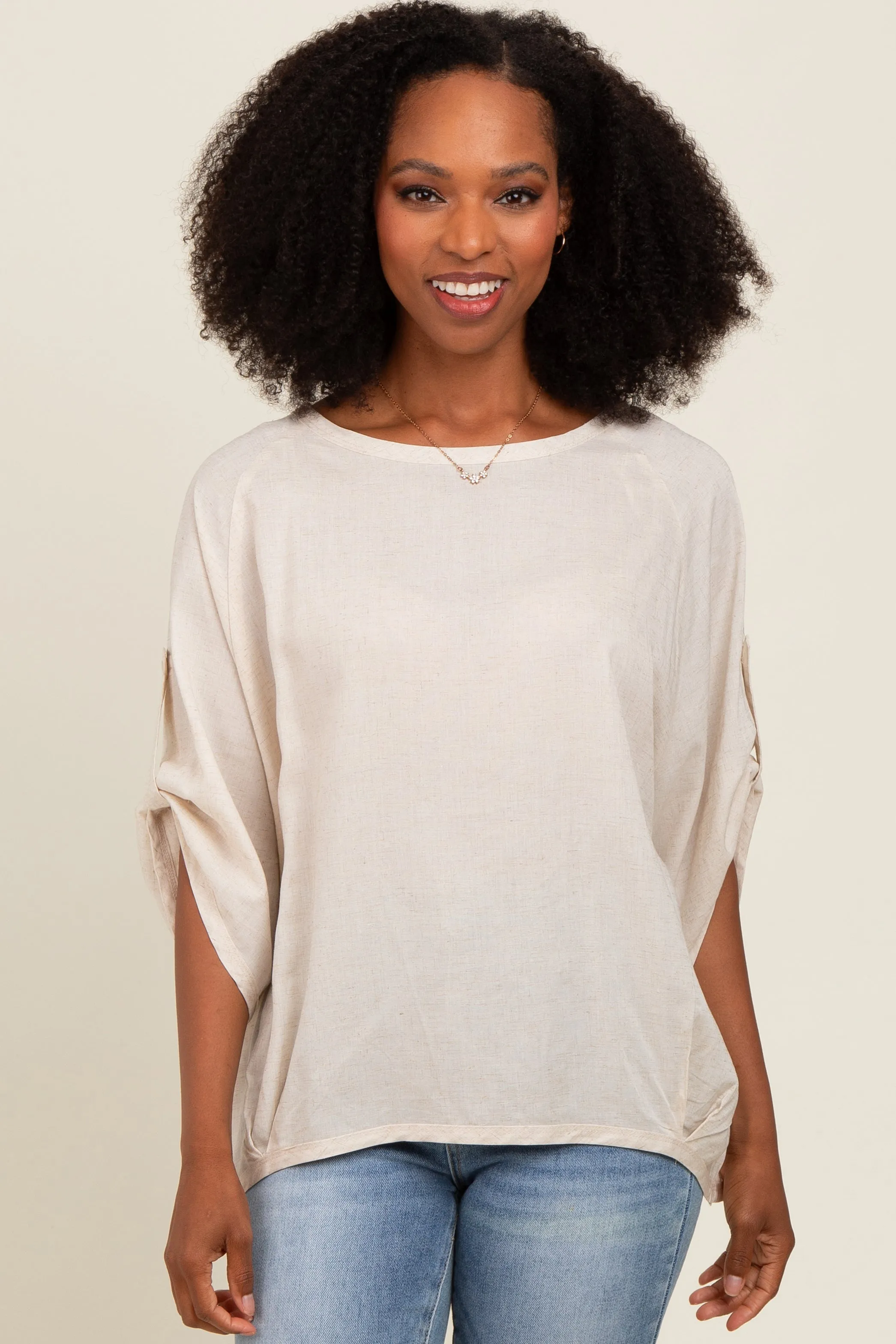 Cream Rolled Cuff Short Sleeve Top sold by Pinkblush