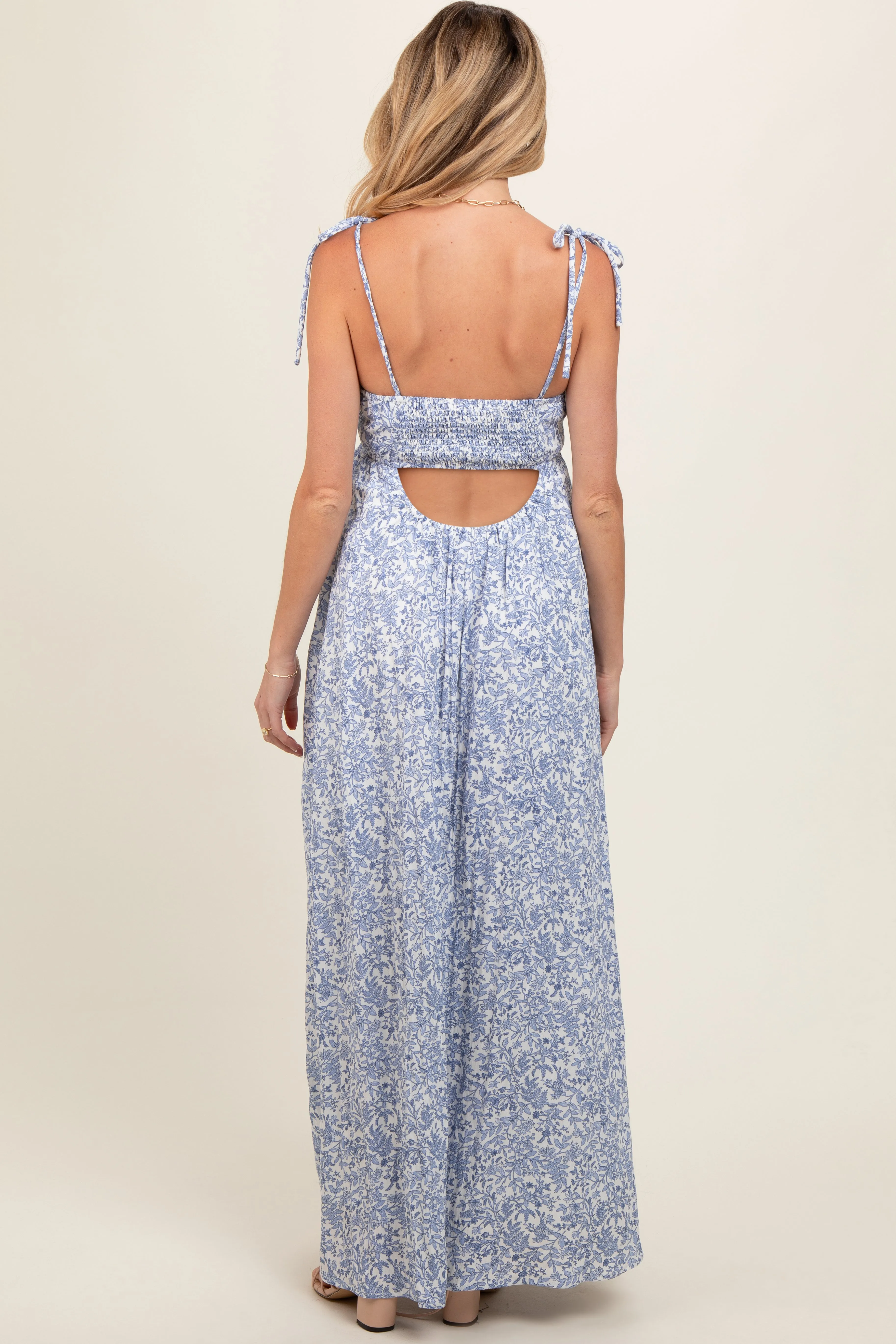 Blue Leaf Print Shoulder Strap Maternity Maxi Dress sold by Pinkblush product image thumbnail 4