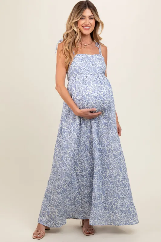 Blue Leaf Print Shoulder Strap Maternity Maxi Dress sold by Pinkblush