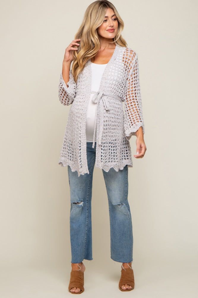 Light Grey Open Knit Waist Tie Maternity Cardigan sold by Pinkblush product image thumbnail 5