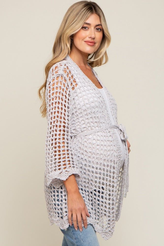 Light Grey Open Knit Waist Tie Maternity Cardigan sold by Pinkblush product image thumbnail 2