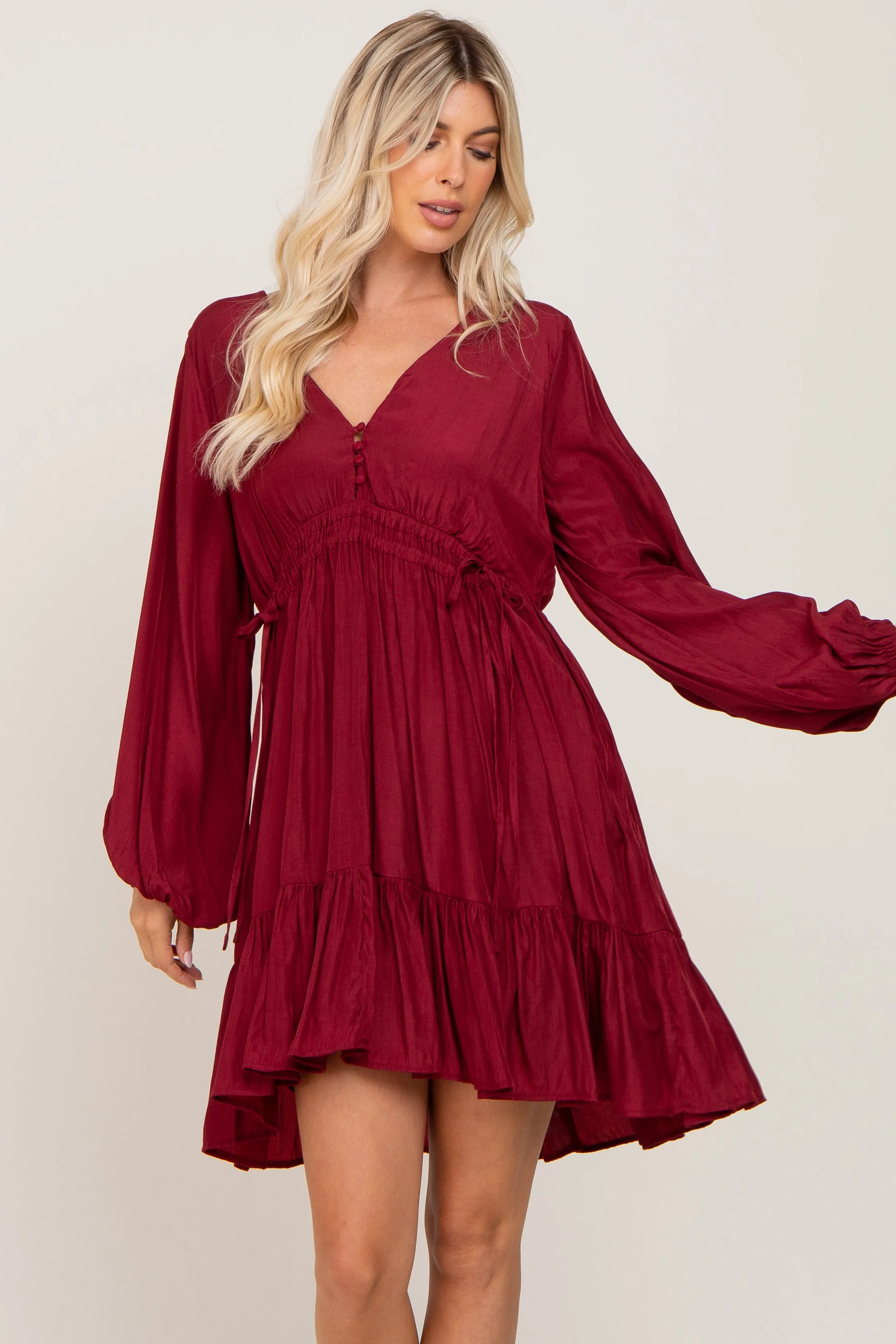 Burgundy V-Neck Cinched Dress sold by Pinkblush