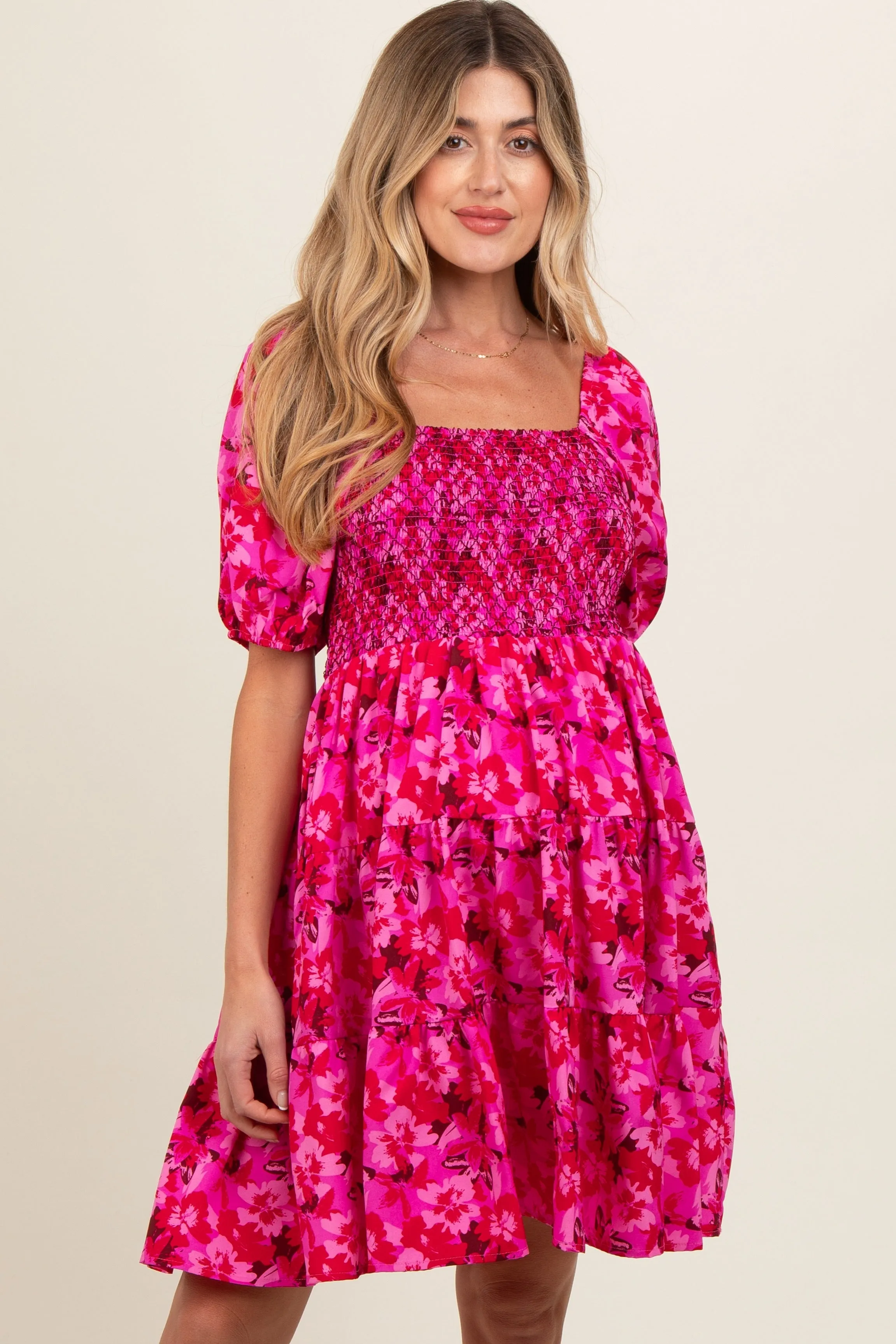 Fuchsia Floral Smocked Tiered Maternity Dress sold by Pinkblush product image thumbnail 2