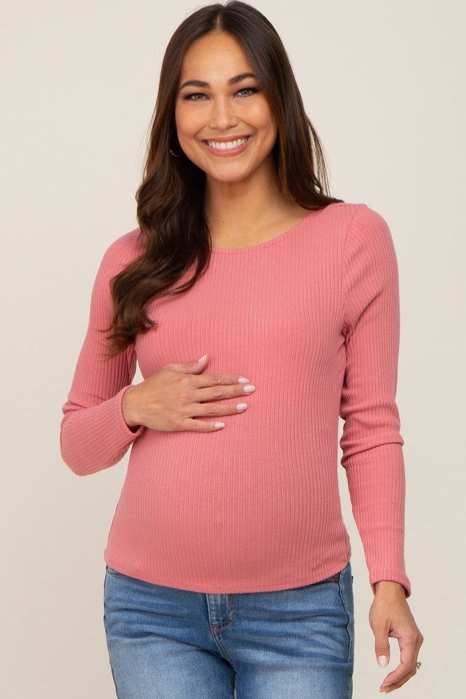 Mauve Ribbed Long Sleeve Maternity Crop Top sold by Pinkblush