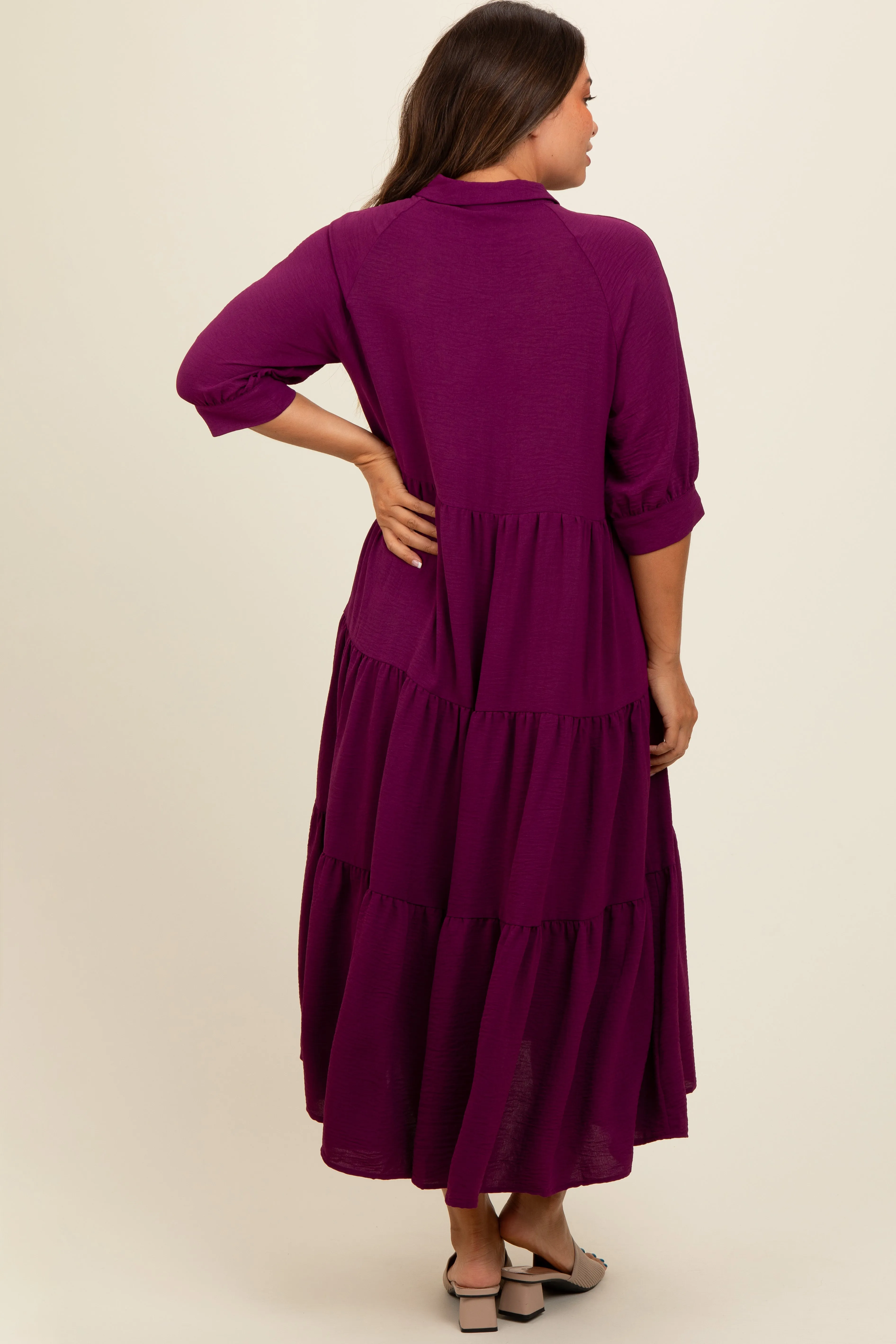 Magenta Collared Button Up Tiered Maternity Midi Dress sold by Pinkblush product image thumbnail 4