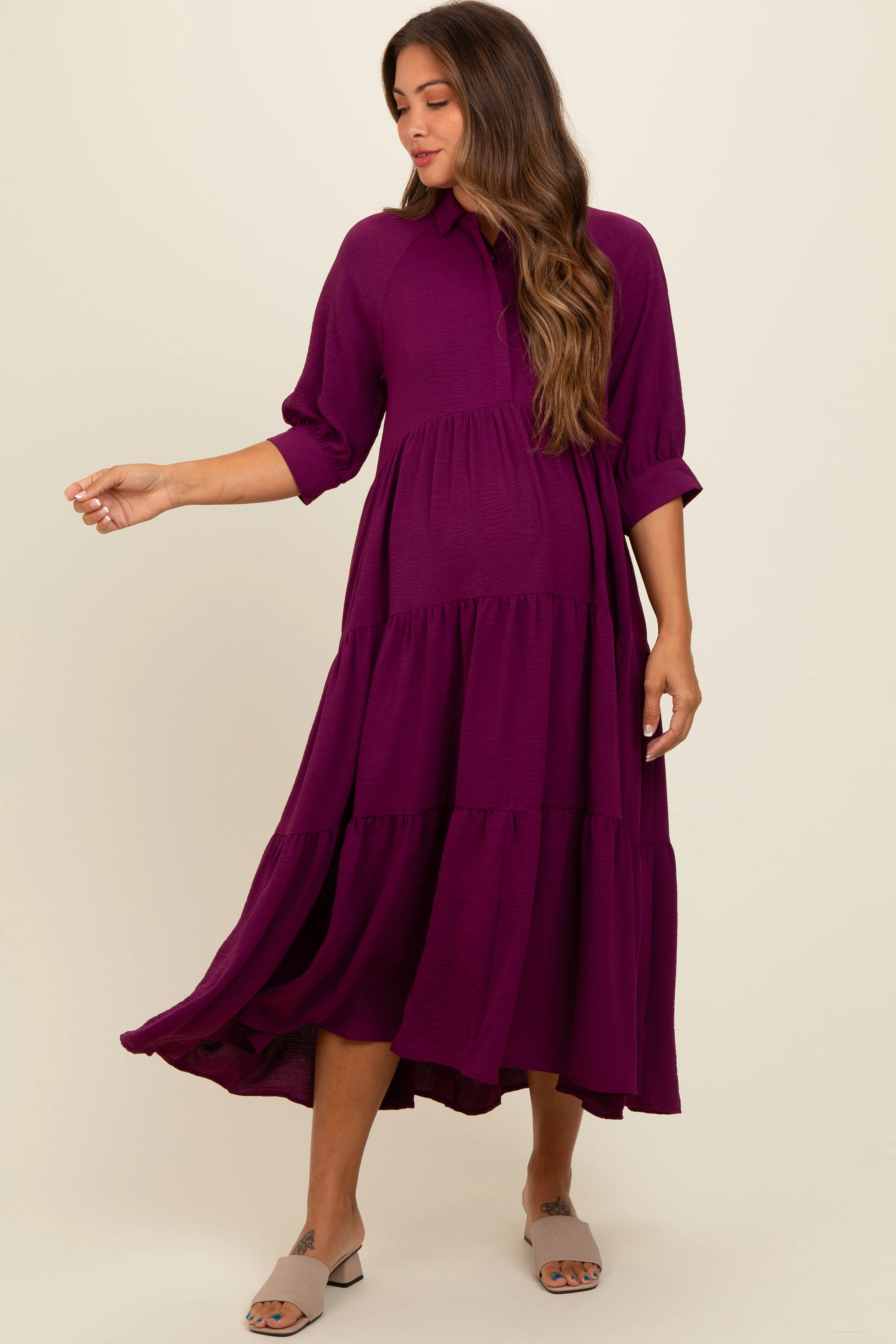 Magenta Collared Button Up Tiered Maternity Midi Dress sold by Pinkblush