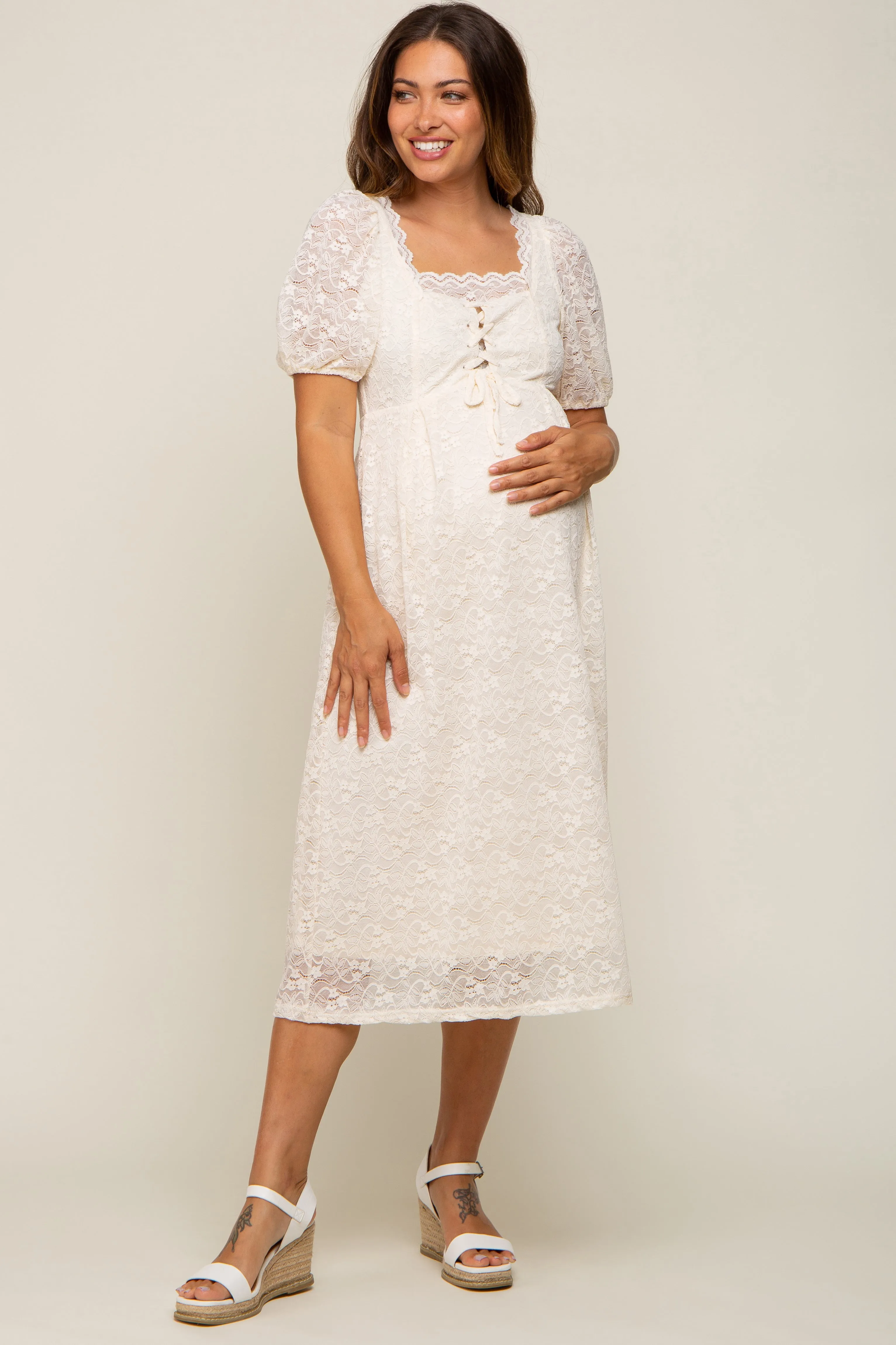 Cream Lace Cutout Maternity Midi Dress sold by Pinkblush product image thumbnail 4