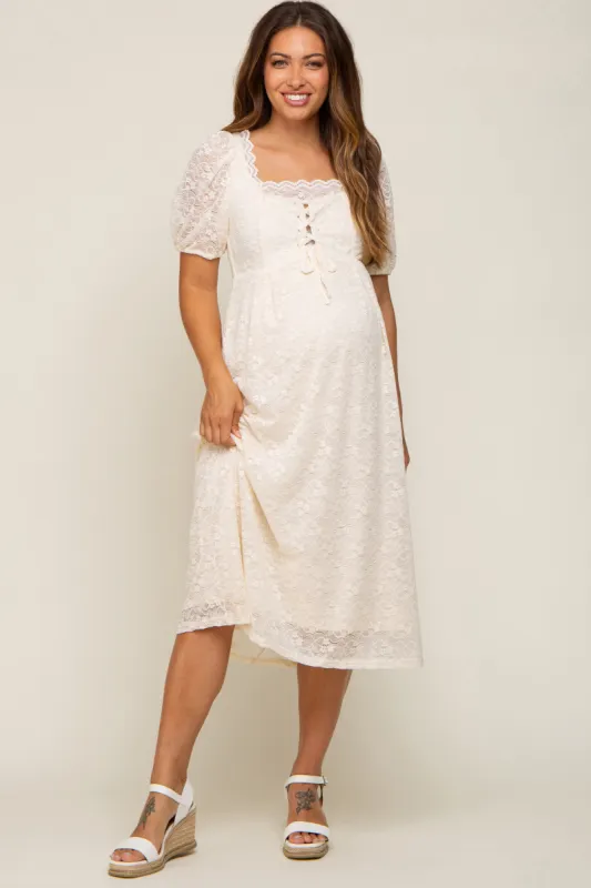 Cream Lace Cutout Maternity Midi Dress sold by Pinkblush