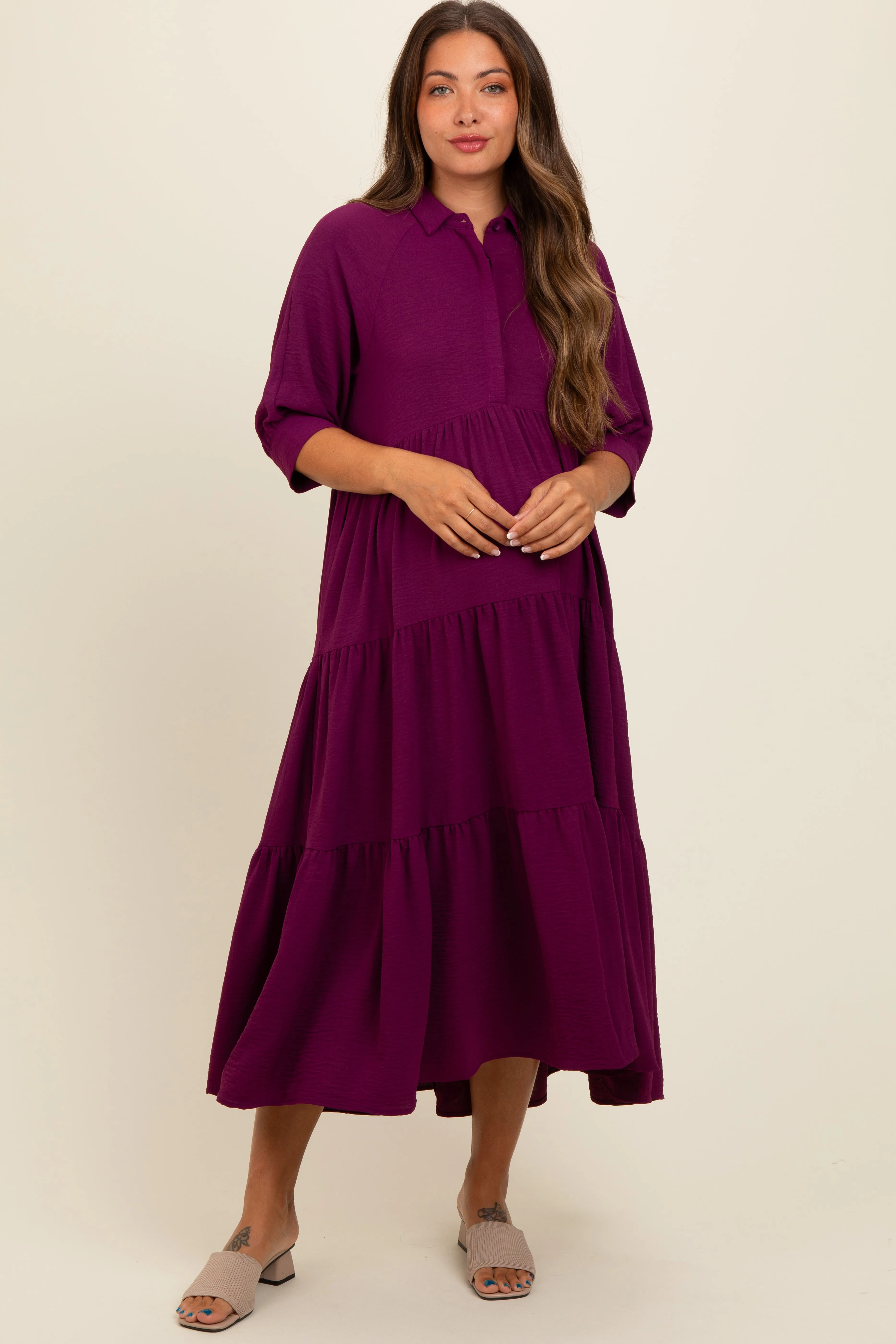Magenta Collared Button Up Tiered Maternity Midi Dress sold by Pinkblush product image thumbnail 2