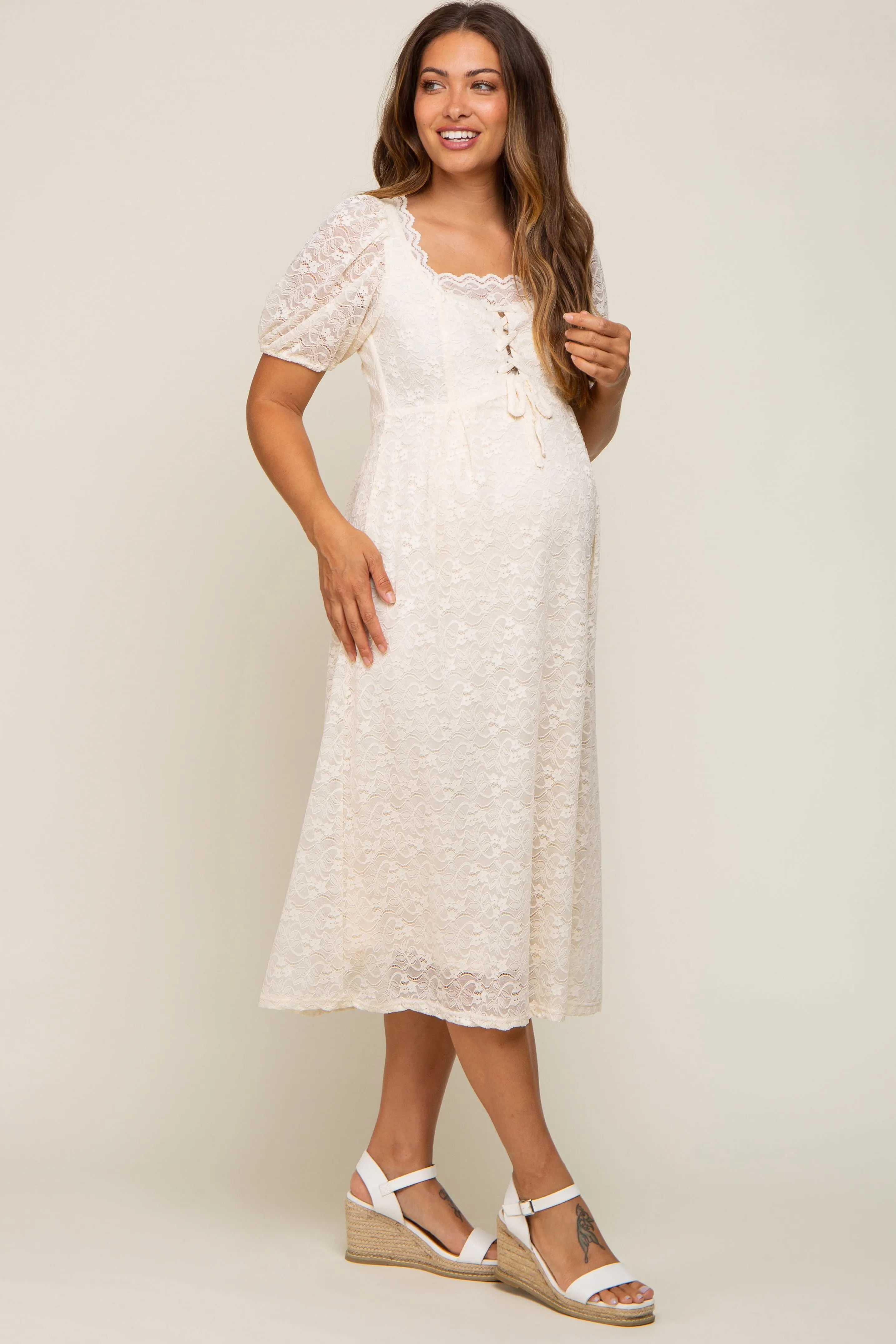 Cream Lace Cutout Maternity Midi Dress sold by Pinkblush product image thumbnail 2
