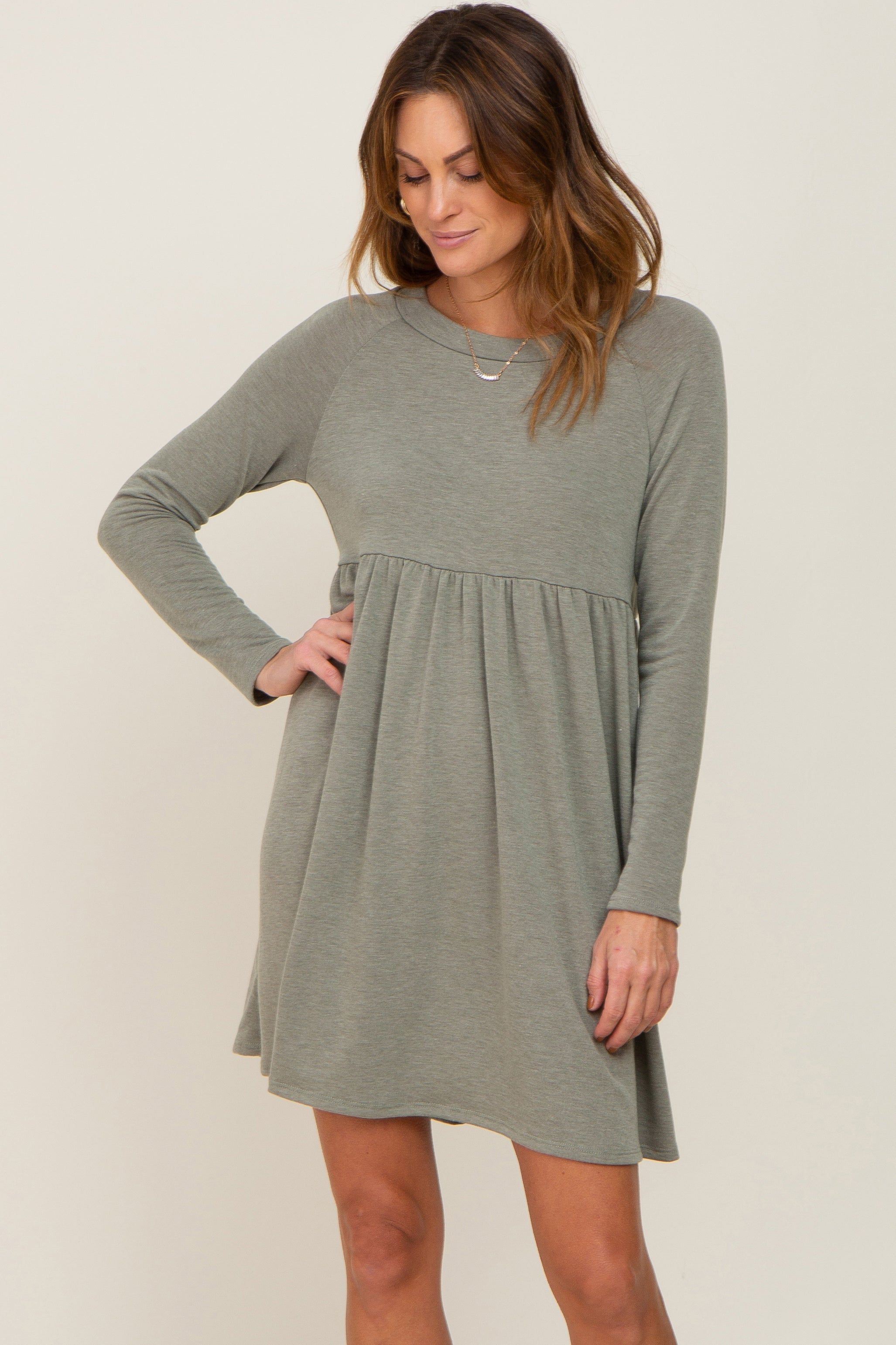 Light Olive Heathered Long Sleeve Dress sold by Pinkblush