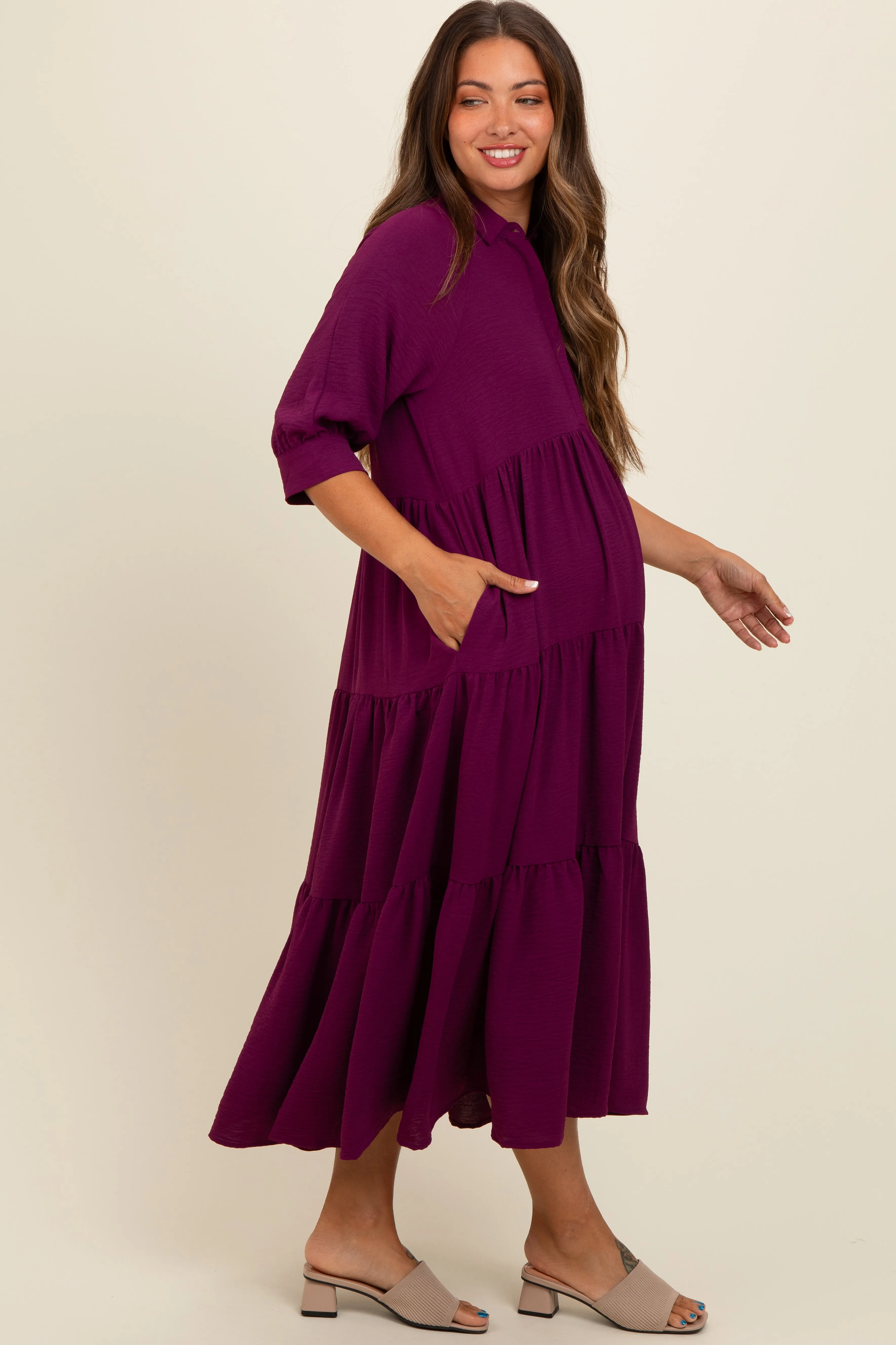 Magenta Collared Button Up Tiered Maternity Midi Dress sold by Pinkblush product image thumbnail 3