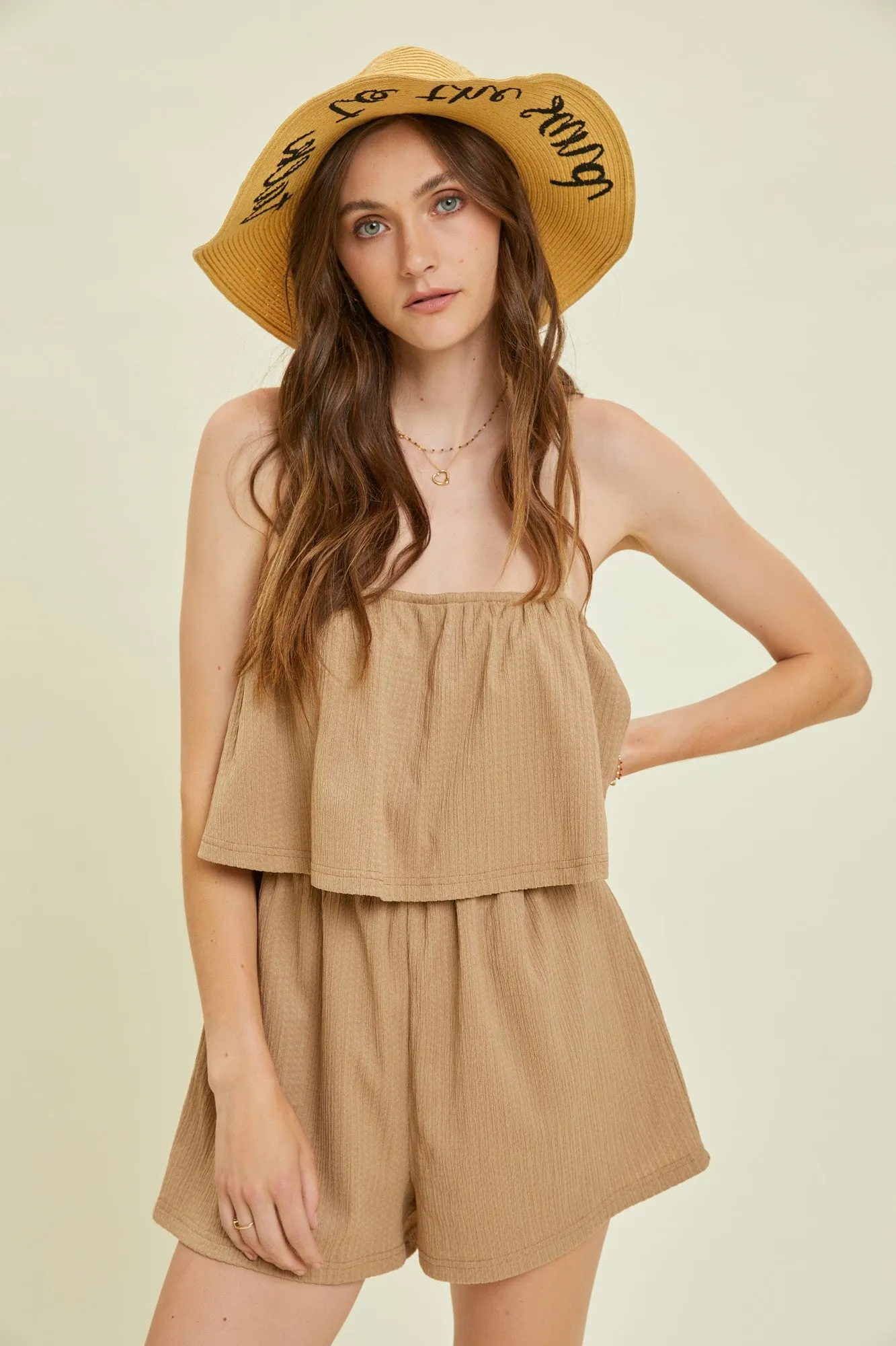 Caramel Crinkled Ruffled Cami Romper sold by Pinkblush product image thumbnail 2