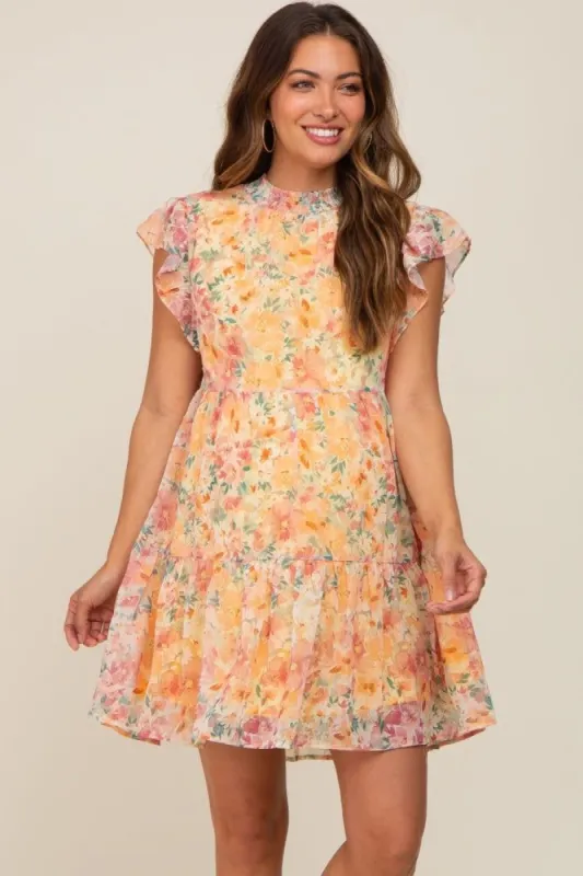 Orange Floral Chiffon Tiered Maternity Dress sold by Pinkblush