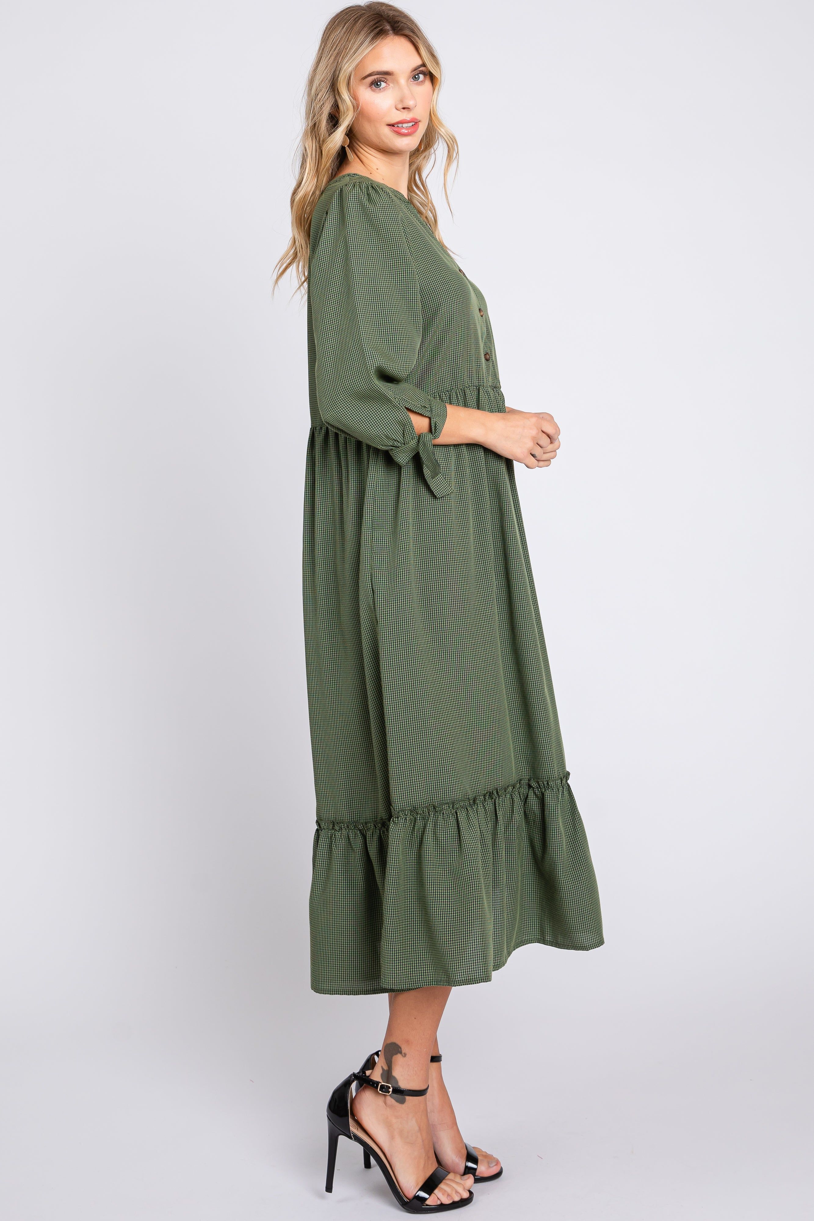 Olive Gingham Front Button Sleeve Tie Midi Dress sold by Pinkblush product image thumbnail 2