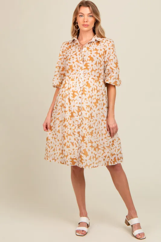 Camel Floral Button Down Maternity Dress sold by Pinkblush