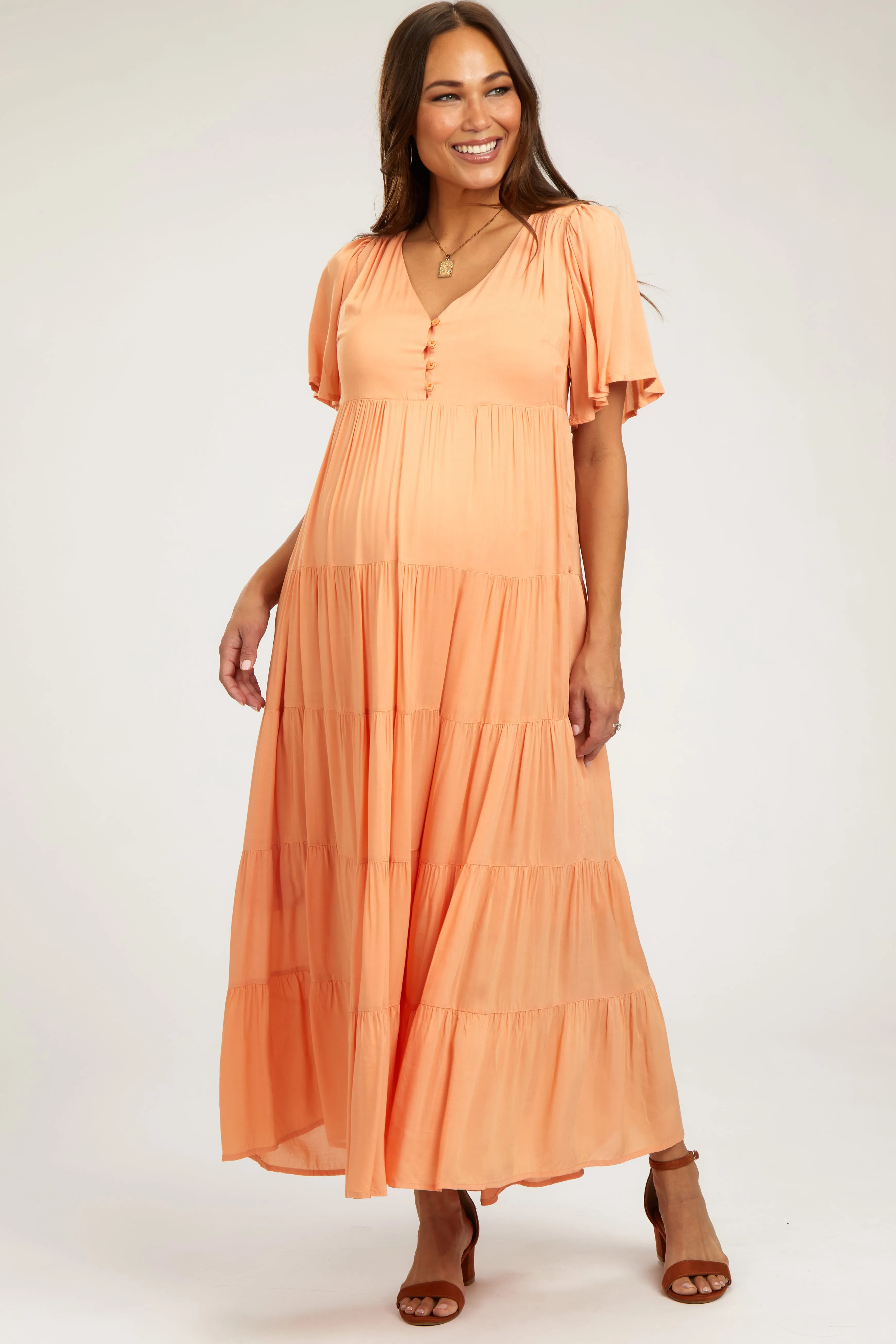 Orange Button Detail Tiered Maternity Maxi Dress sold by Pinkblush