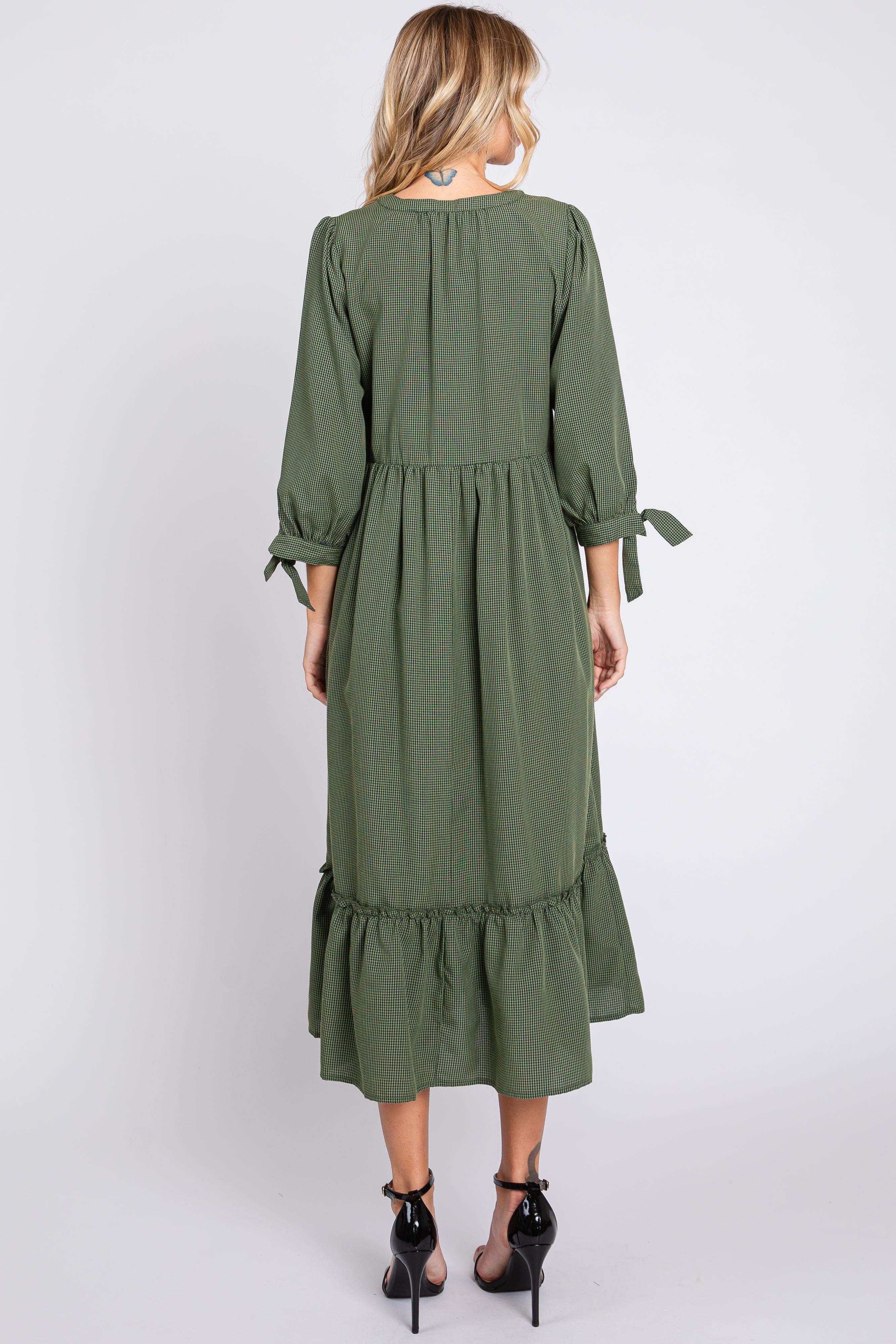 Olive Gingham Front Button Sleeve Tie Midi Dress sold by Pinkblush product image thumbnail 3