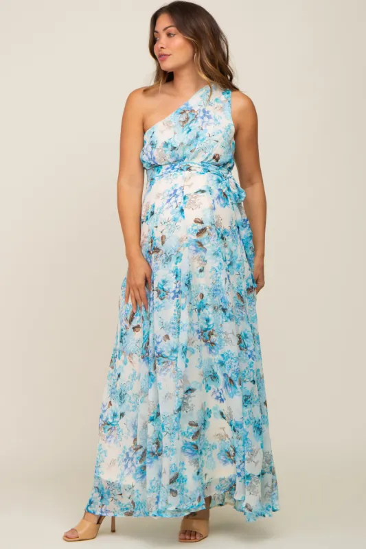 Blue Floral Chiffon One Shoulder Maternity Maxi Dress sold by Pinkblush
