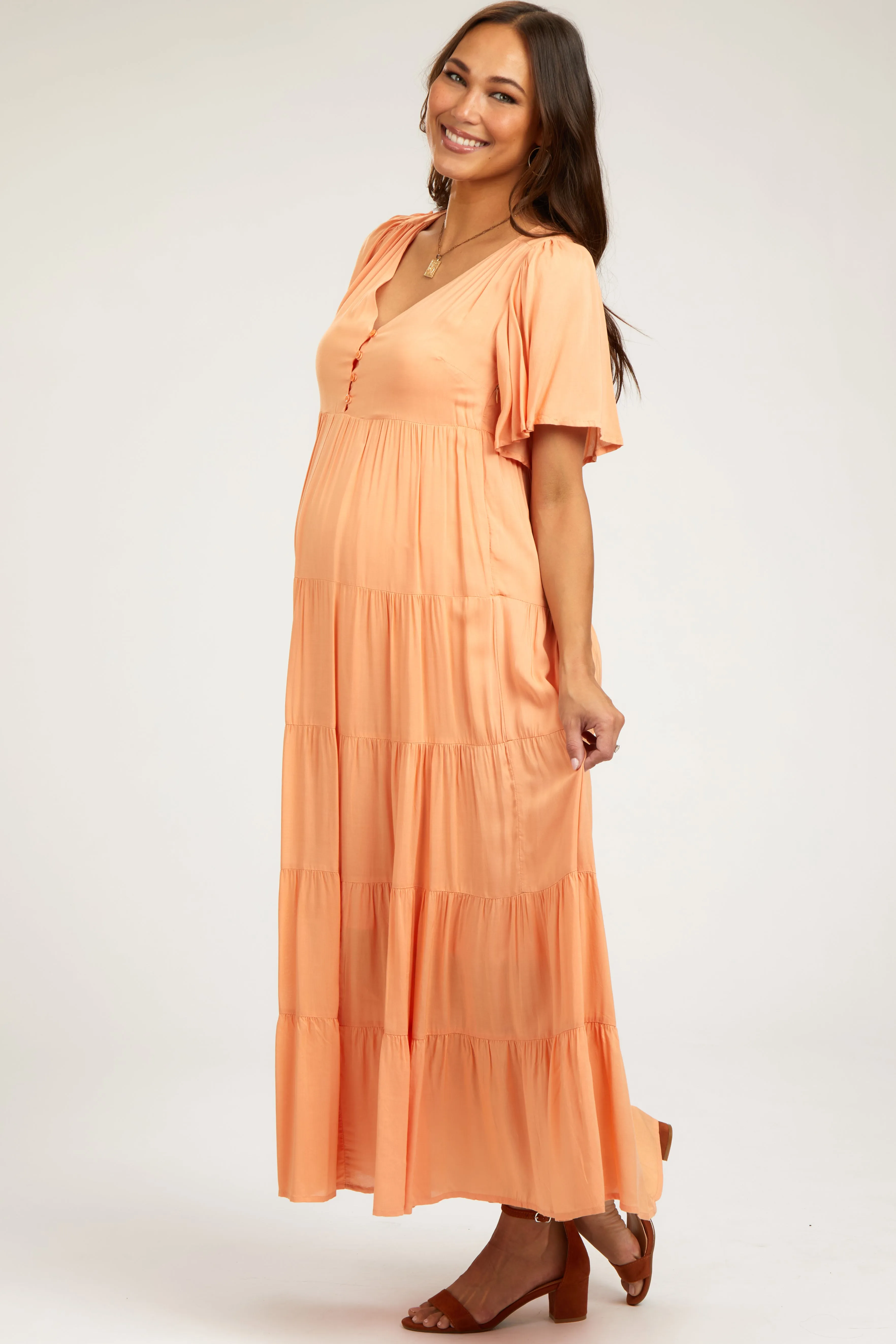 Orange Button Detail Tiered Maternity Maxi Dress sold by Pinkblush product image thumbnail 2