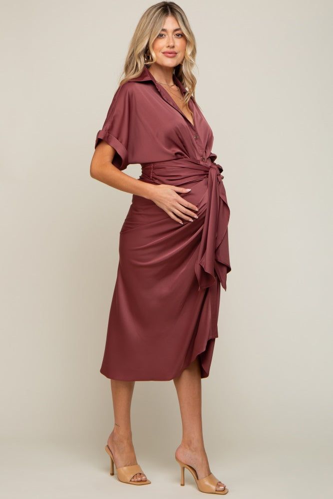 Mauve Satin Button Down Gathered Maternity Midi Dress sold by Pinkblush product image thumbnail 3
