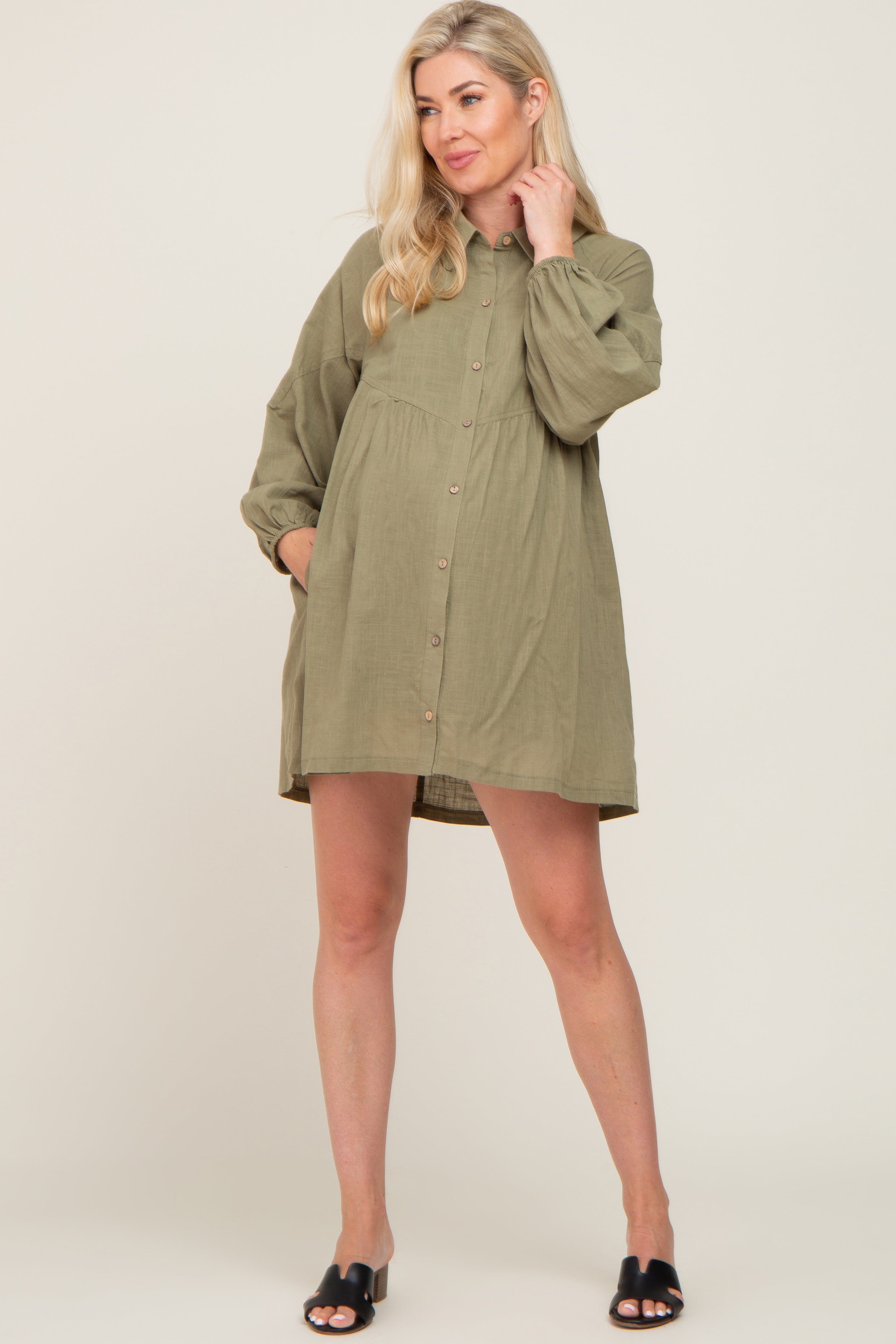Olive Button Down Maternity Mini Dress sold by Pinkblush product image thumbnail 4