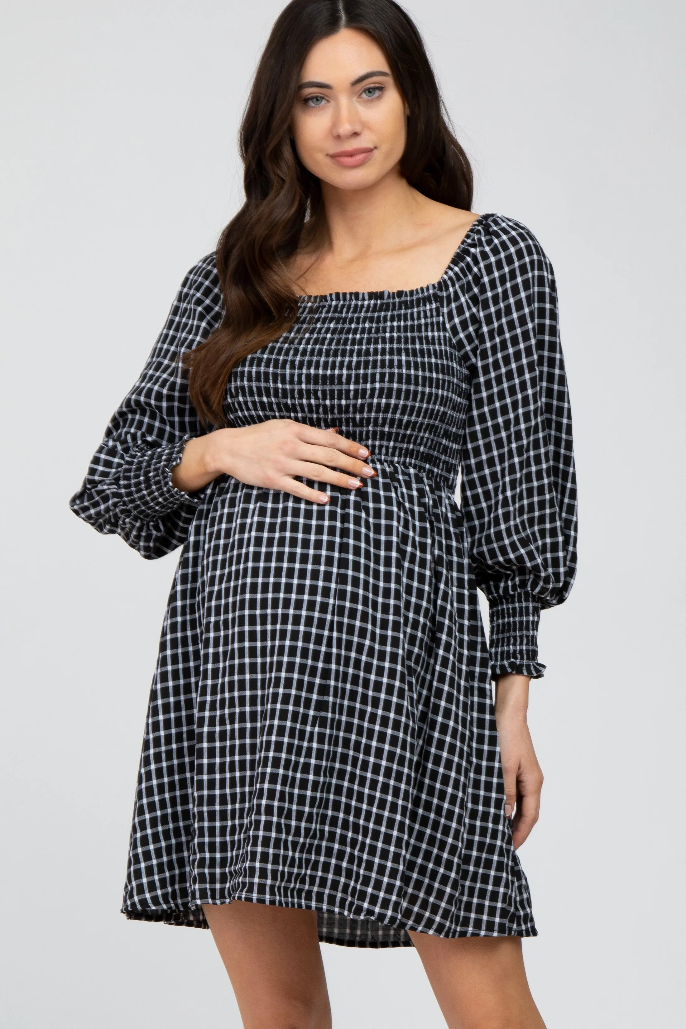 Black Plaid Smocked Maternity Dress sold by Pinkblush