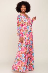 Multi Color Floral Tiered Chiffon Dress sold by Pinkblush
