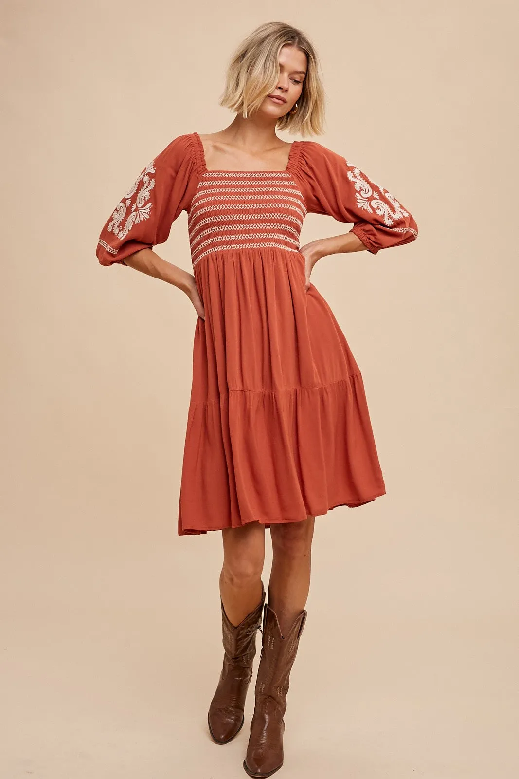 Rust Smocked Embroidered Damask Dress sold by Pinkblush product image thumbnail 3