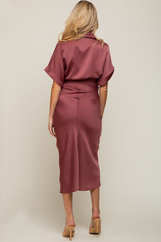 Mauve Satin Button Down Gathered Maternity Midi Dress sold by Pinkblush product image thumbnail 4