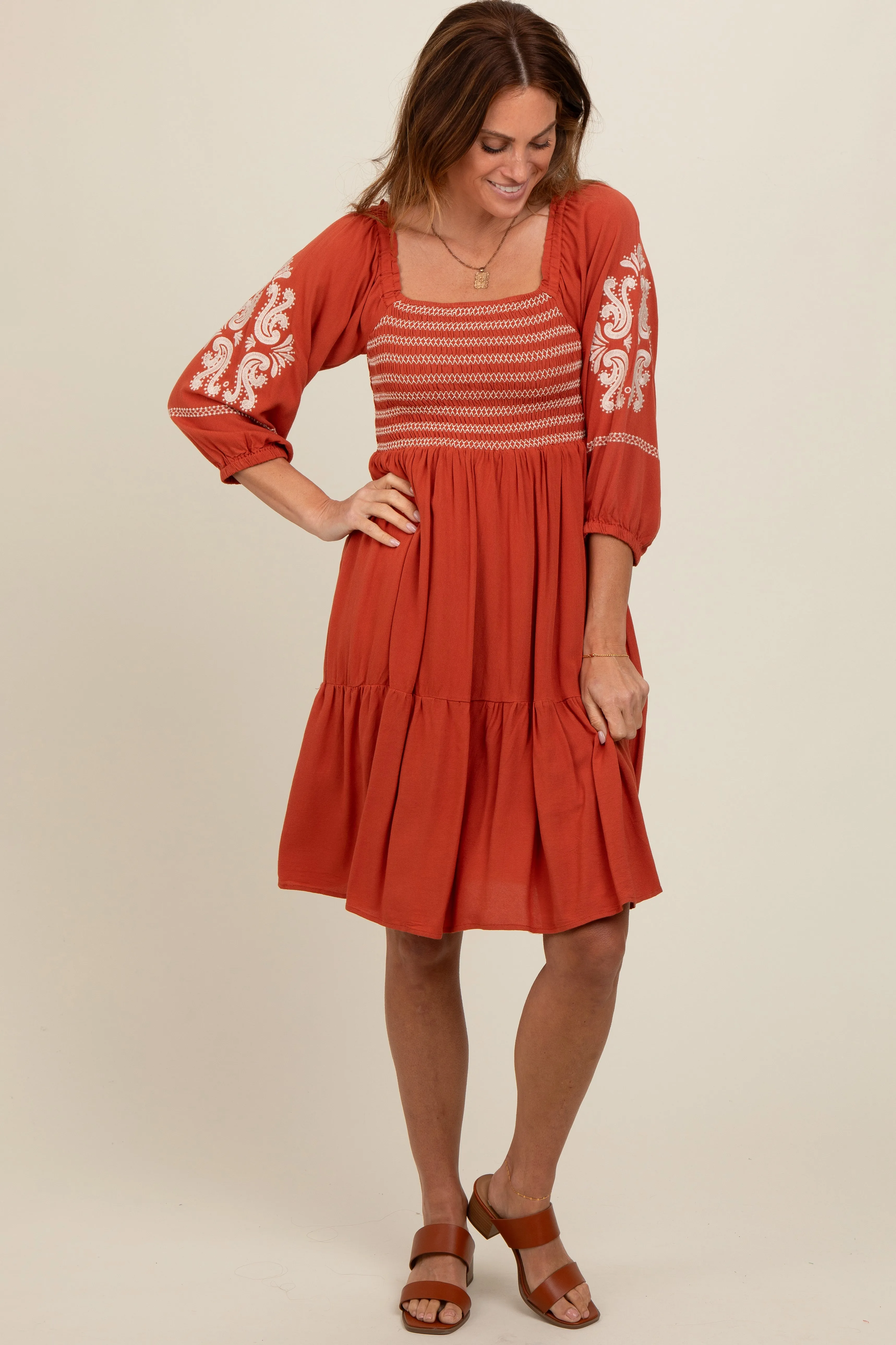 Rust Smocked Embroidered Damask Dress sold by Pinkblush product image thumbnail 4