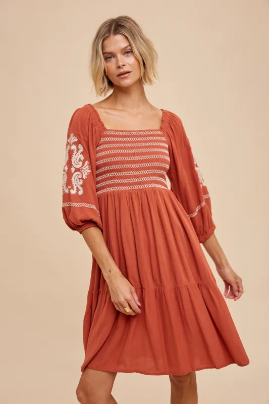 Rust Smocked Embroidered Damask Dress sold by Pinkblush