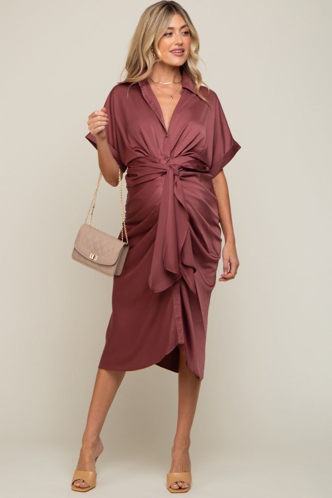 Mauve Satin Button Down Gathered Maternity Midi Dress sold by Pinkblush product image thumbnail 5