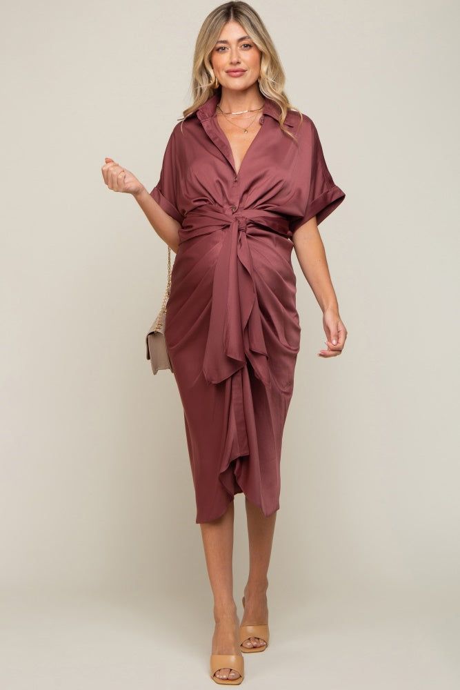 Mauve Satin Button Down Gathered Maternity Midi Dress sold by Pinkblush product image thumbnail 2