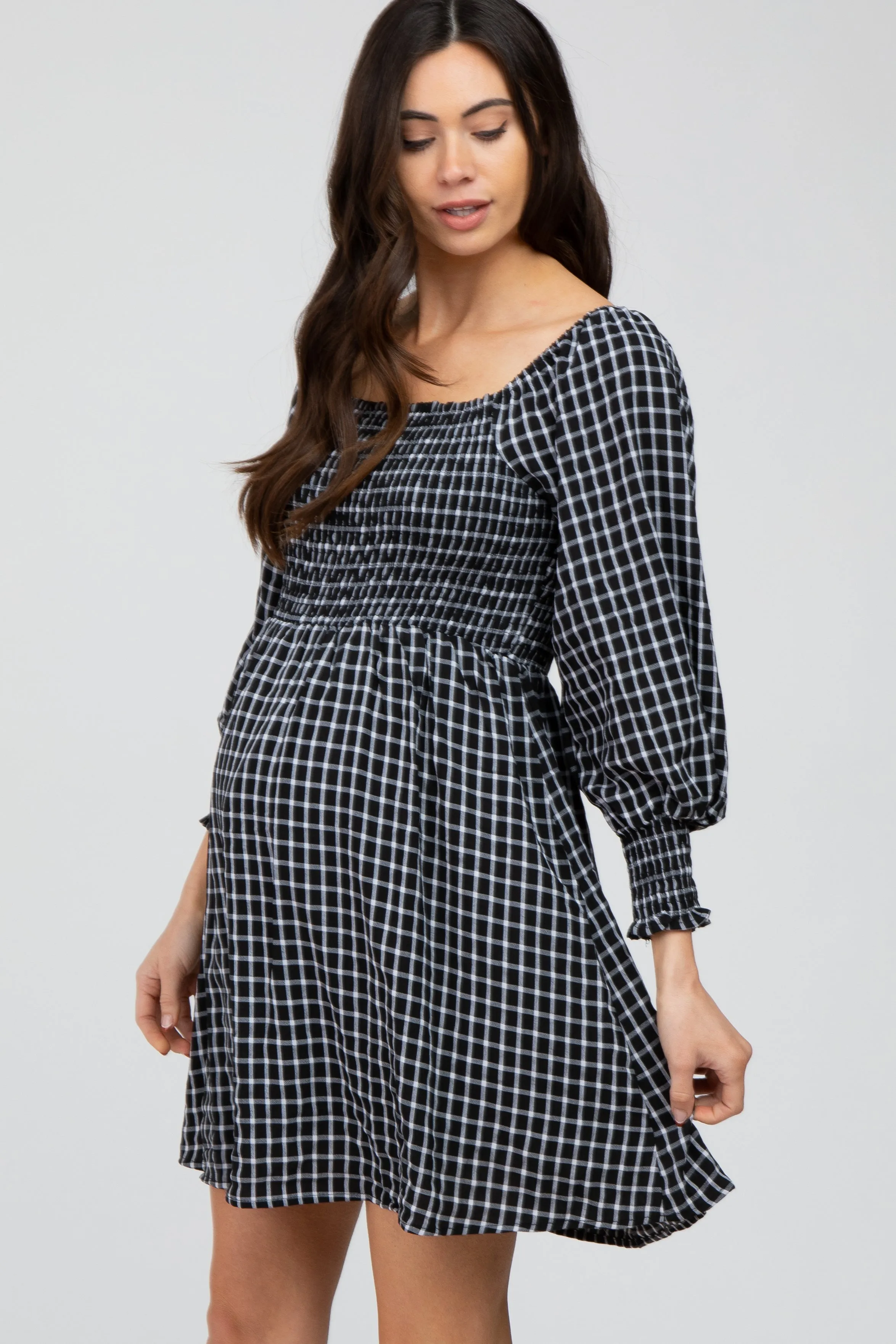 Black Plaid Smocked Maternity Dress sold by Pinkblush product image thumbnail 3