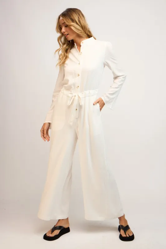 White Solid Color Wide Long Sleeve & Pants Jumpsuit sold by Pinkblush