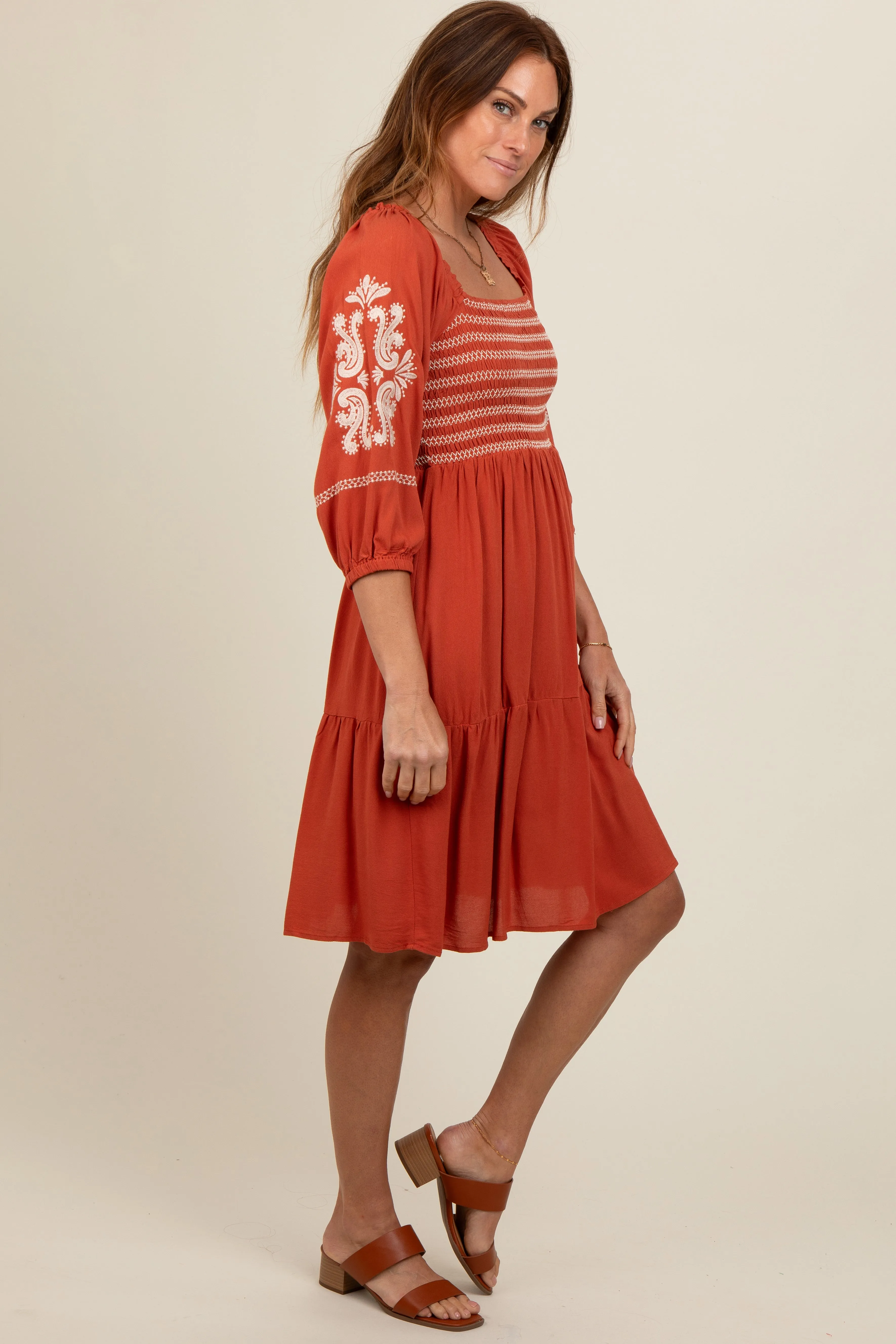 Rust Smocked Embroidered Damask Dress sold by Pinkblush product image thumbnail 5