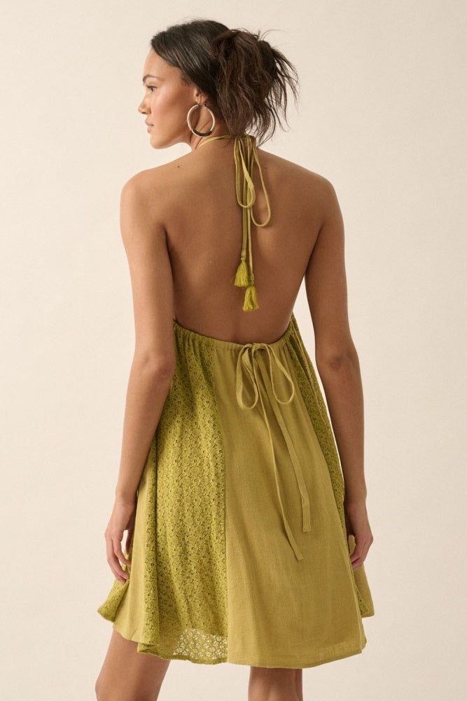 Warm Olive Floral-Lace Open-Back Mini Halter Dress sold by Pinkblush product image thumbnail 3