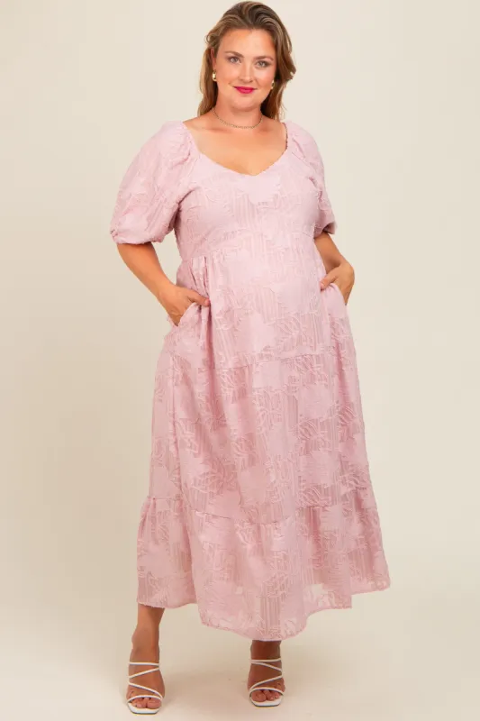 Light Pink Embroidered Leaf Print Striped Maternity Plus Maxi Dress sold by Pinkblush