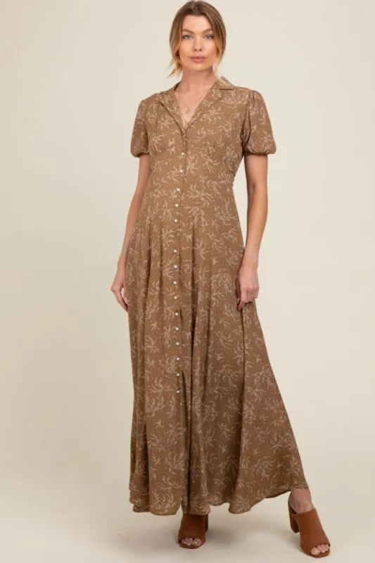 Brown Floral Button Down Maternity Maxi Dress sold by Pinkblush