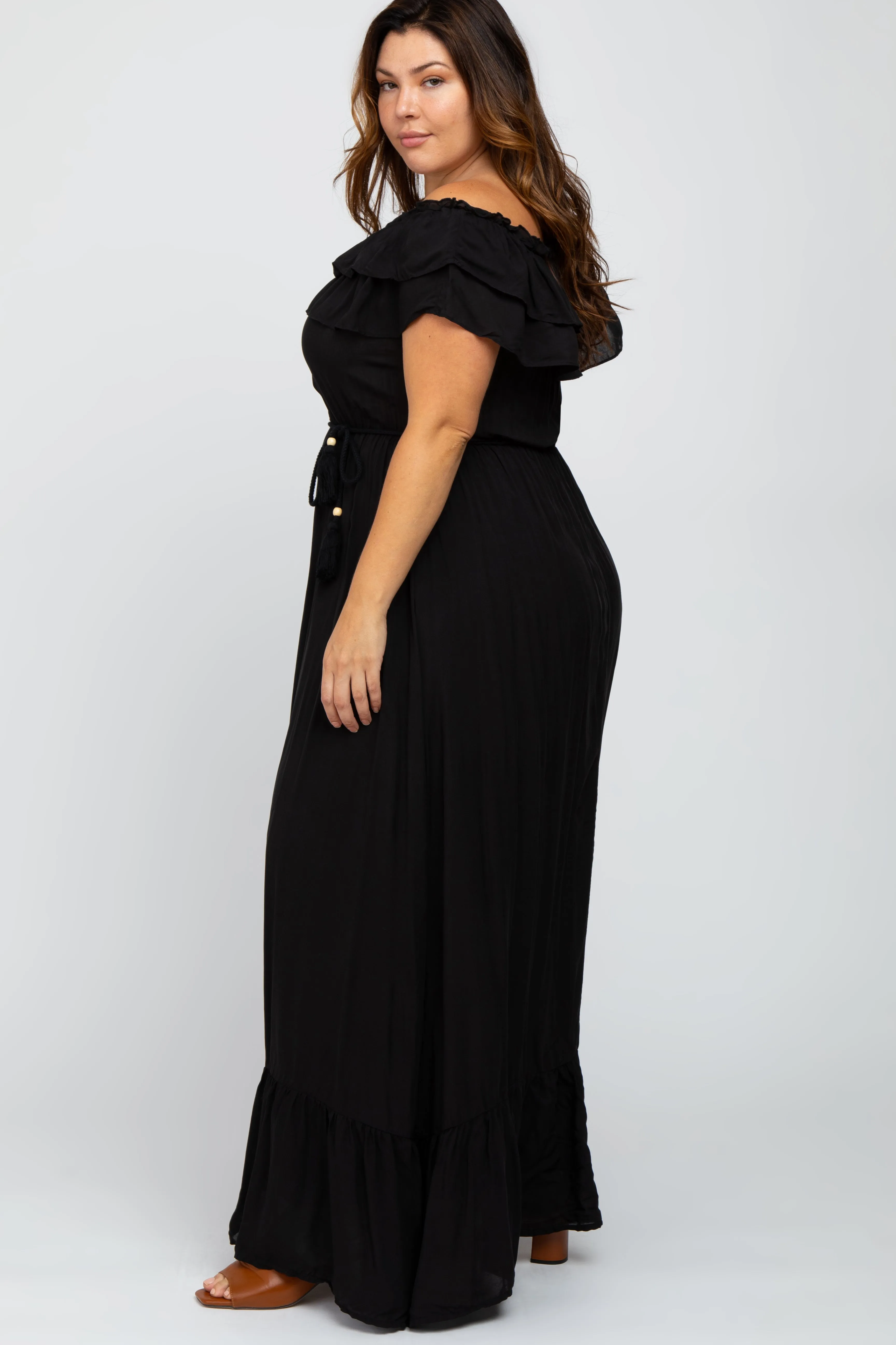 Black Off Shoulder Tassel Tie Plus Maxi Dress sold by Pinkblush product image thumbnail 2