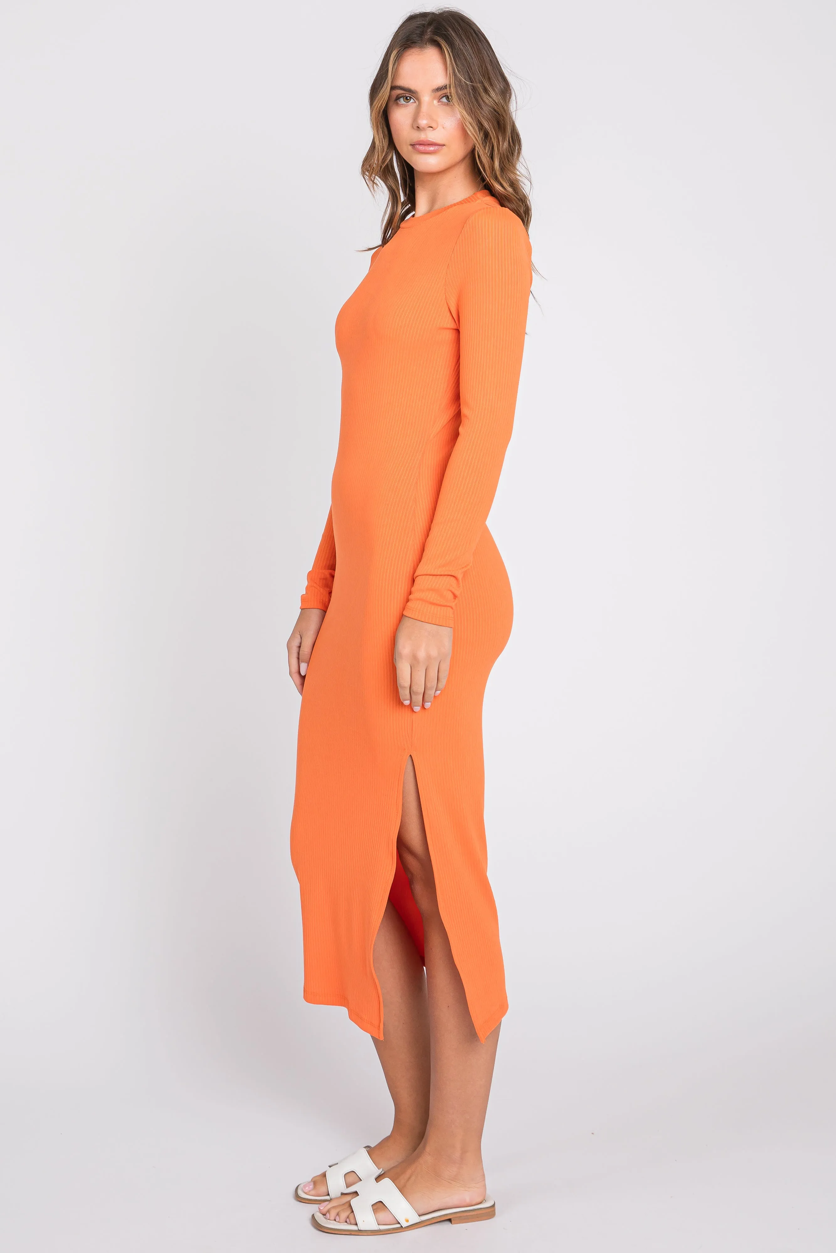 Orange Ribbed Mock Neck Long Sleeve Midi Dress sold by Pinkblush product image thumbnail 3