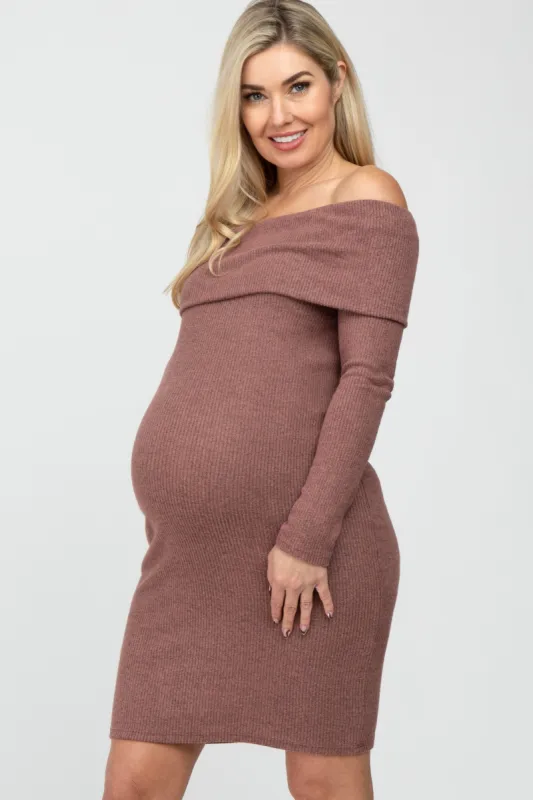 Mauve Soft Ribbed Folded Neck Off Shoulder Maternity Dress sold by Pinkblush