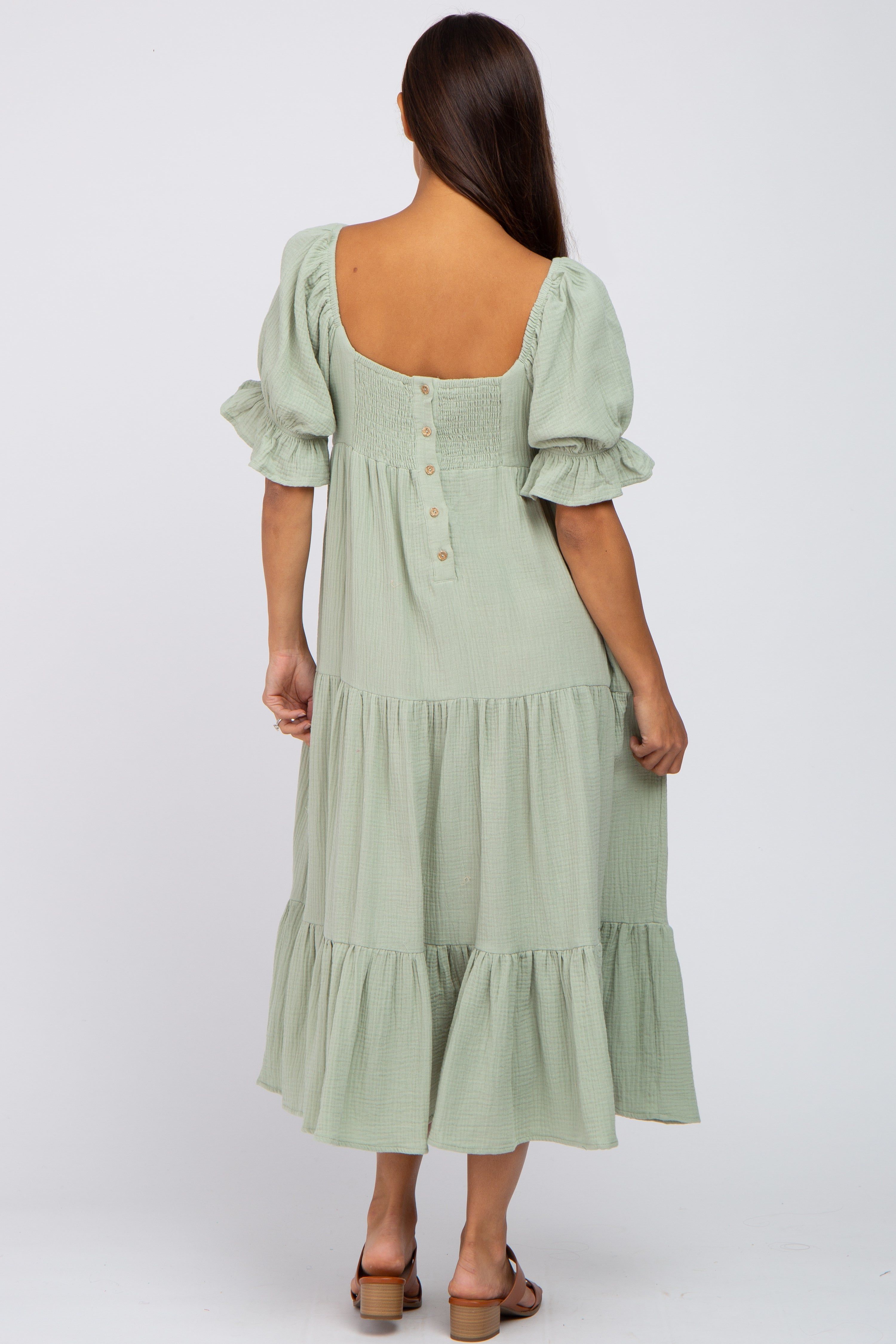 Mint Green Puff Sleeve Tiered Maternity Midi Dress sold by Pinkblush product image thumbnail 3