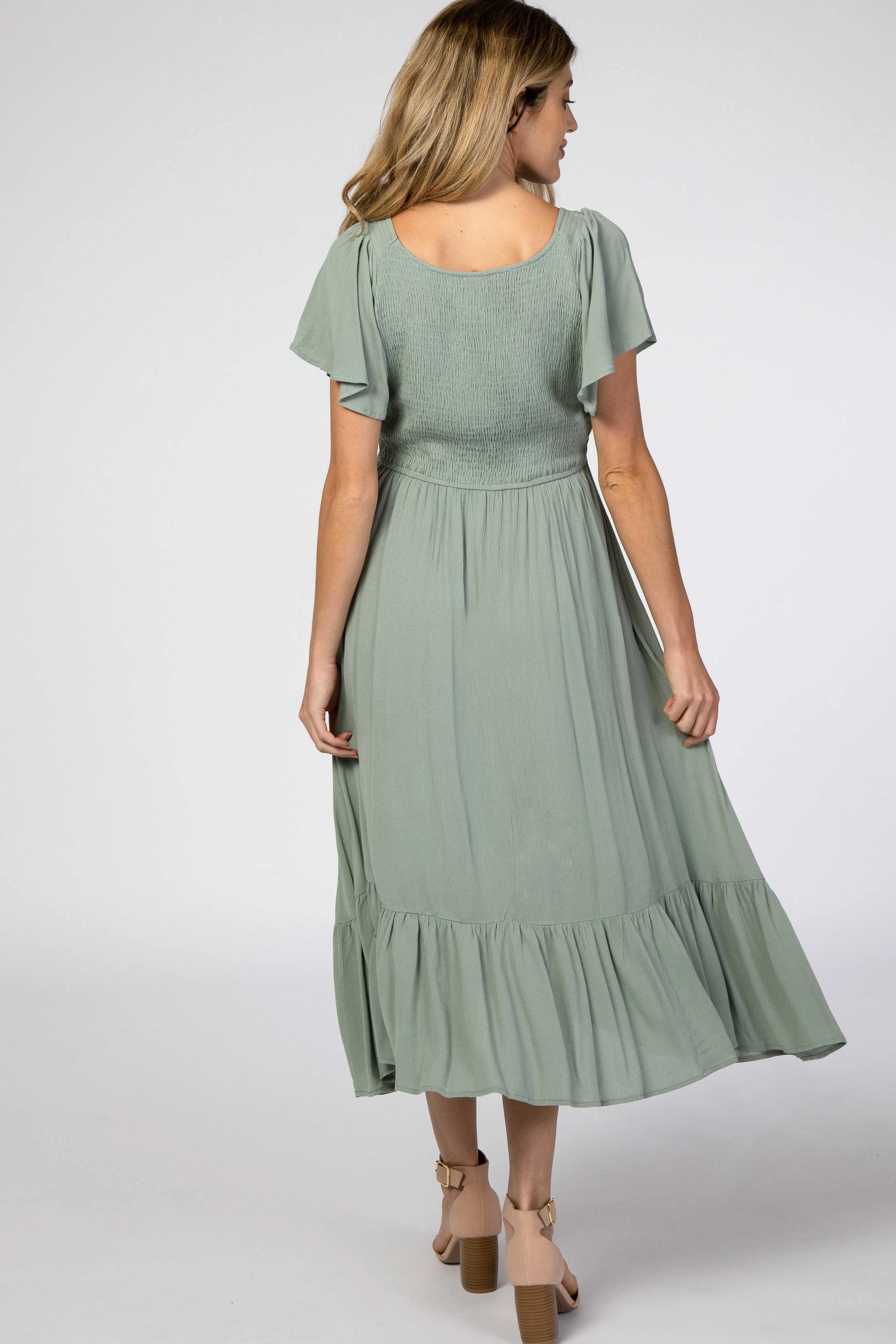 Light Olive Smocked V-Neck Maternity Midi Dress sold by Pinkblush product image thumbnail 3