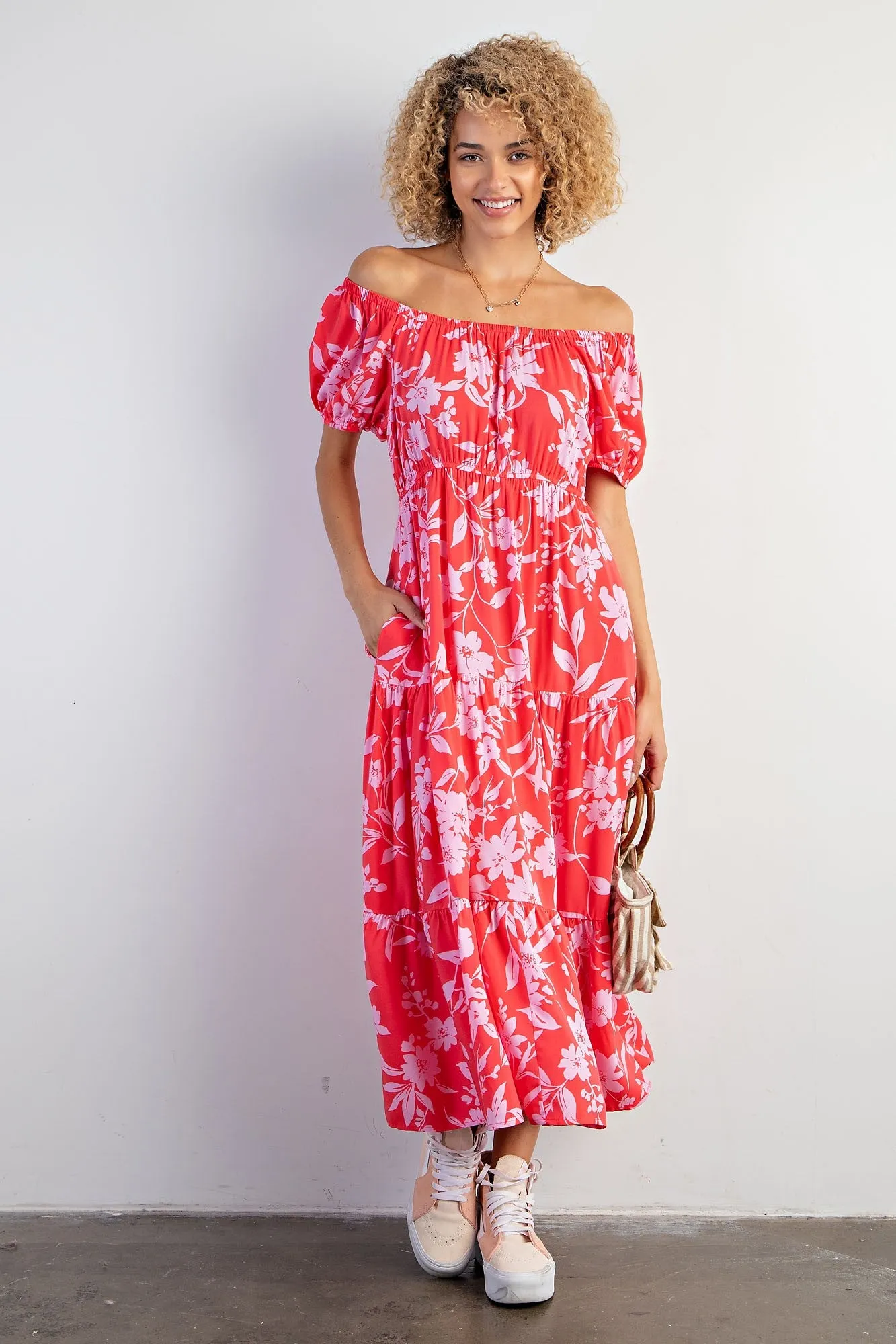 Coral Floral Off Shoulder Puff Sleeve Midi Dress sold by Pinkblush