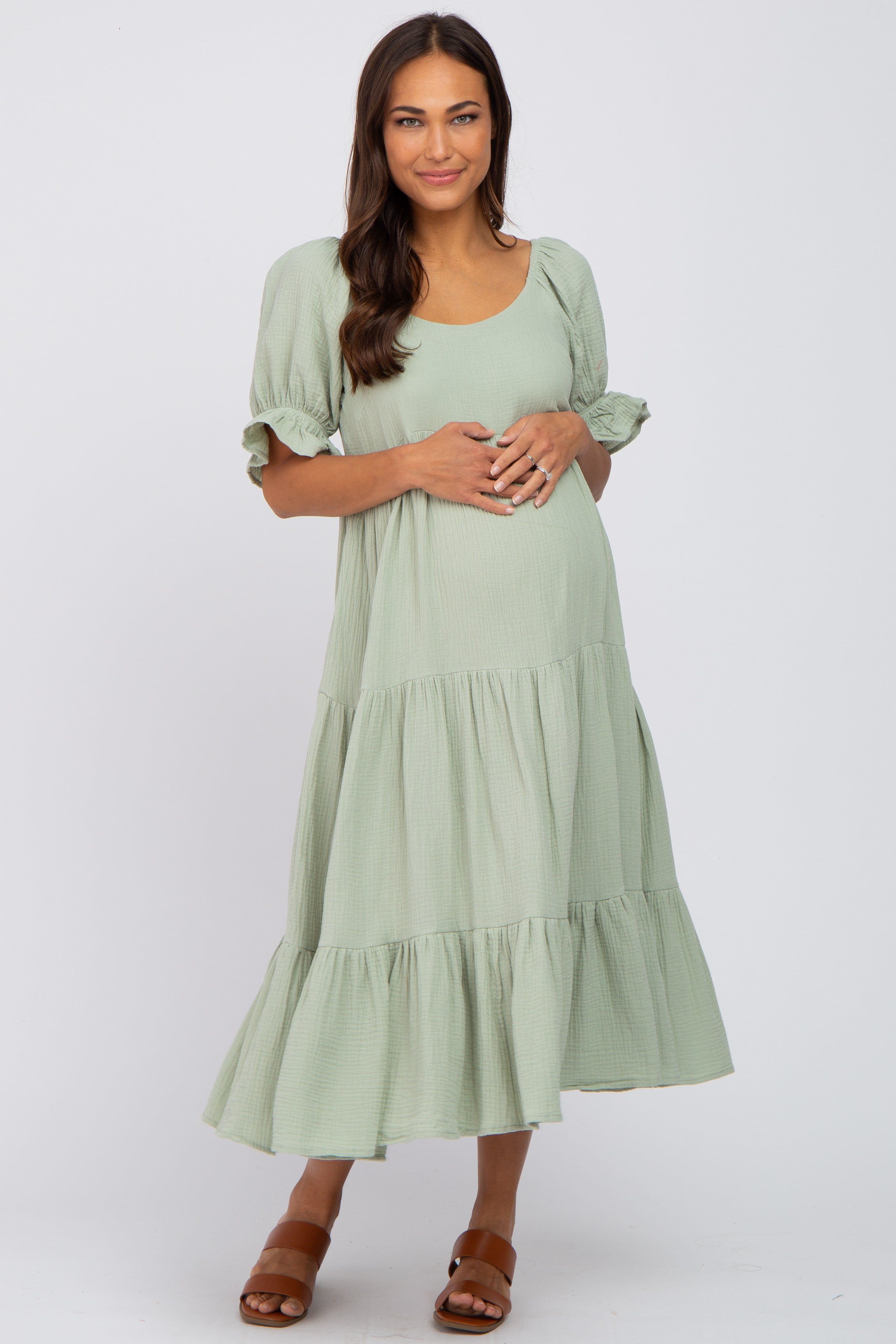 Mint Green Puff Sleeve Tiered Maternity Midi Dress sold by Pinkblush product image thumbnail 4