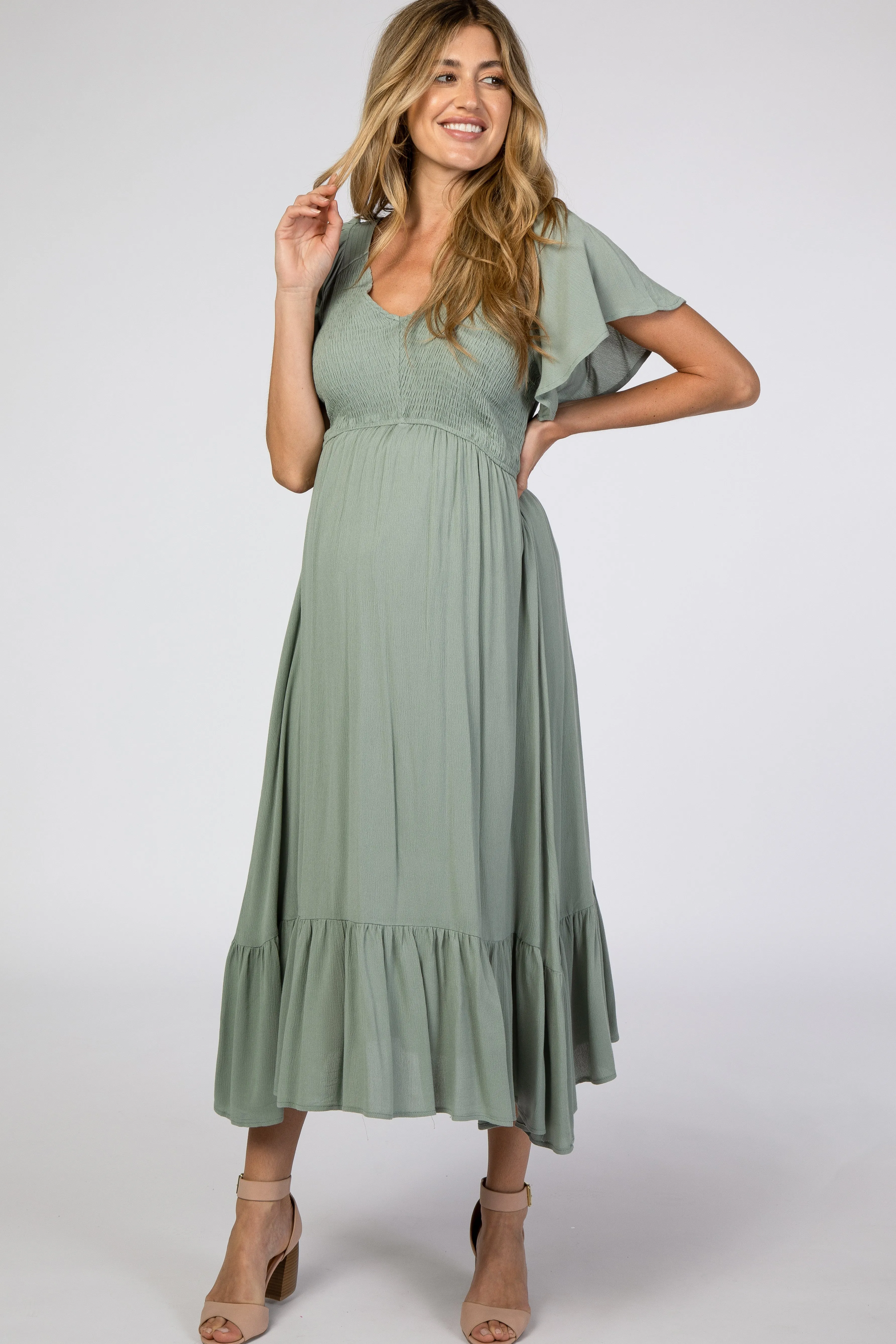 Light Olive Smocked V-Neck Maternity Midi Dress sold by Pinkblush product image thumbnail 4