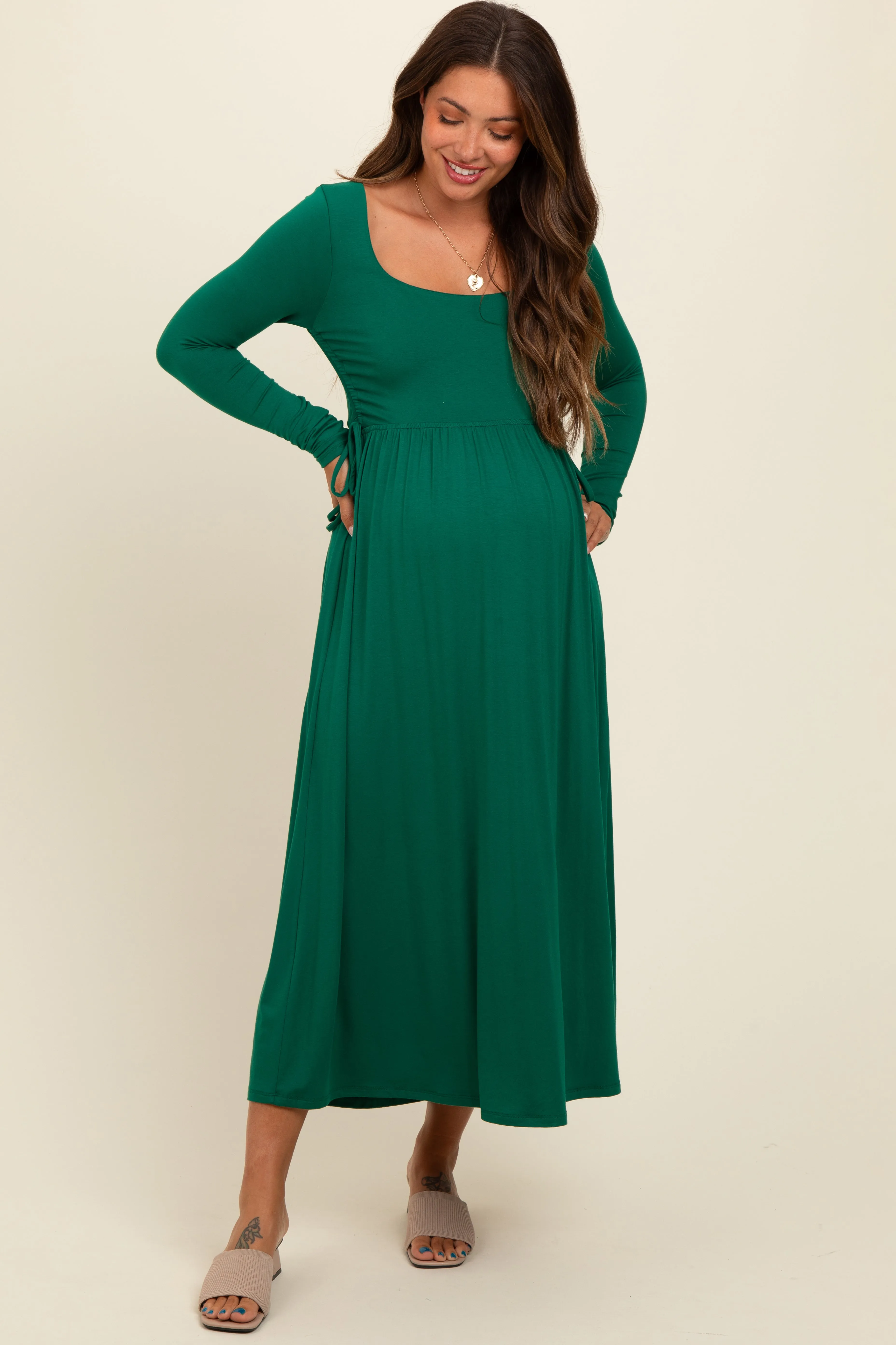 Forest Green Square Neck Long Sleeve Maternity Midi Dress sold by Pinkblush