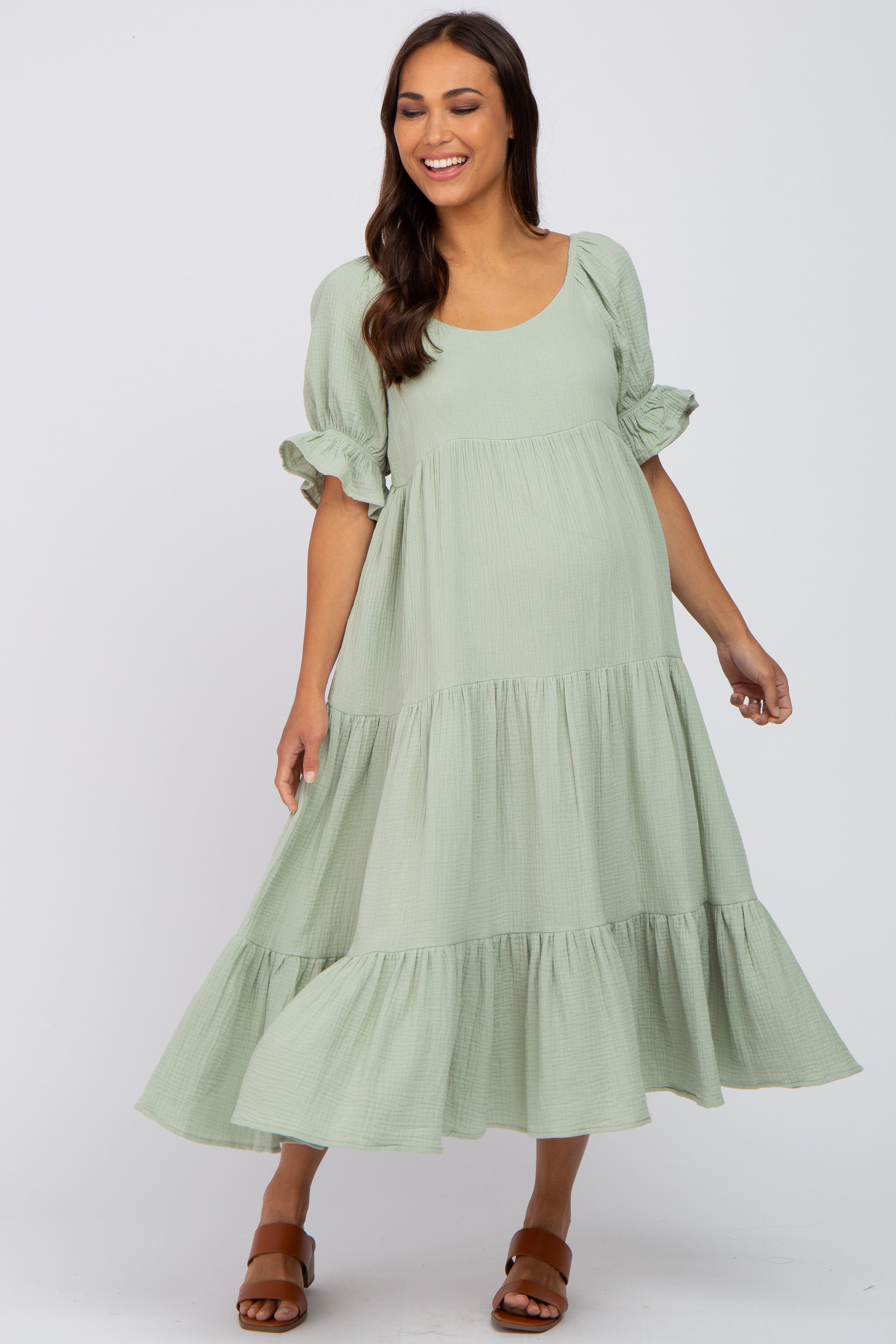 Mint Green Puff Sleeve Tiered Maternity Midi Dress sold by Pinkblush